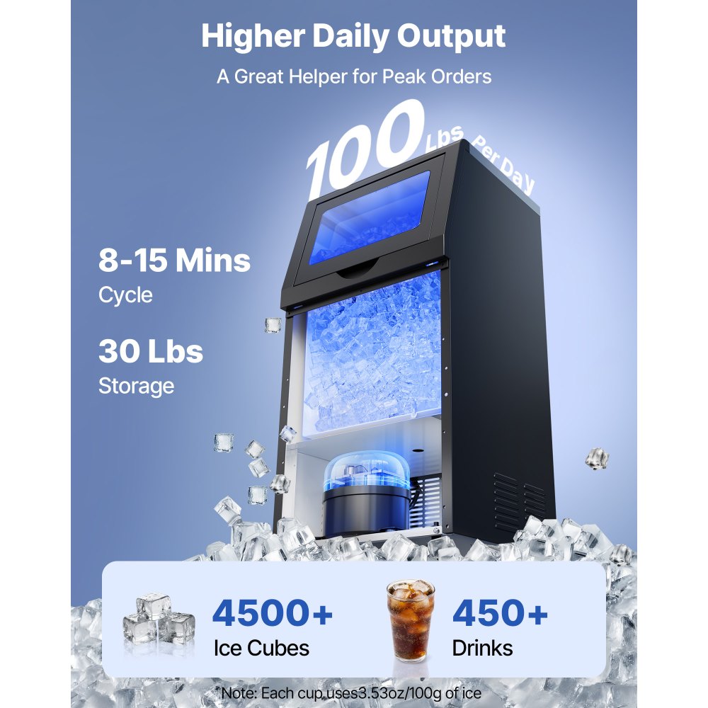VEVOR Commercial Ice Maker Machine with Pump, 100 lbs/24h with 30 lbs Storage Capacity, Built-in/Freestanding/Under Counter, Stainless Steel Ice Maker with LED Display & Self-Cleaning, for Home Bar