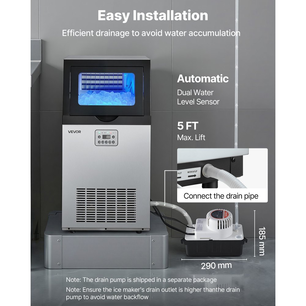 VEVOR Commercial Ice Maker Machine with Pump, 100 lbs/24h with 30 lbs Storage Capacity, Built-in/Freestanding/Under Counter, Stainless Steel Ice Maker with LED Display & Self-Cleaning, for Home Bar