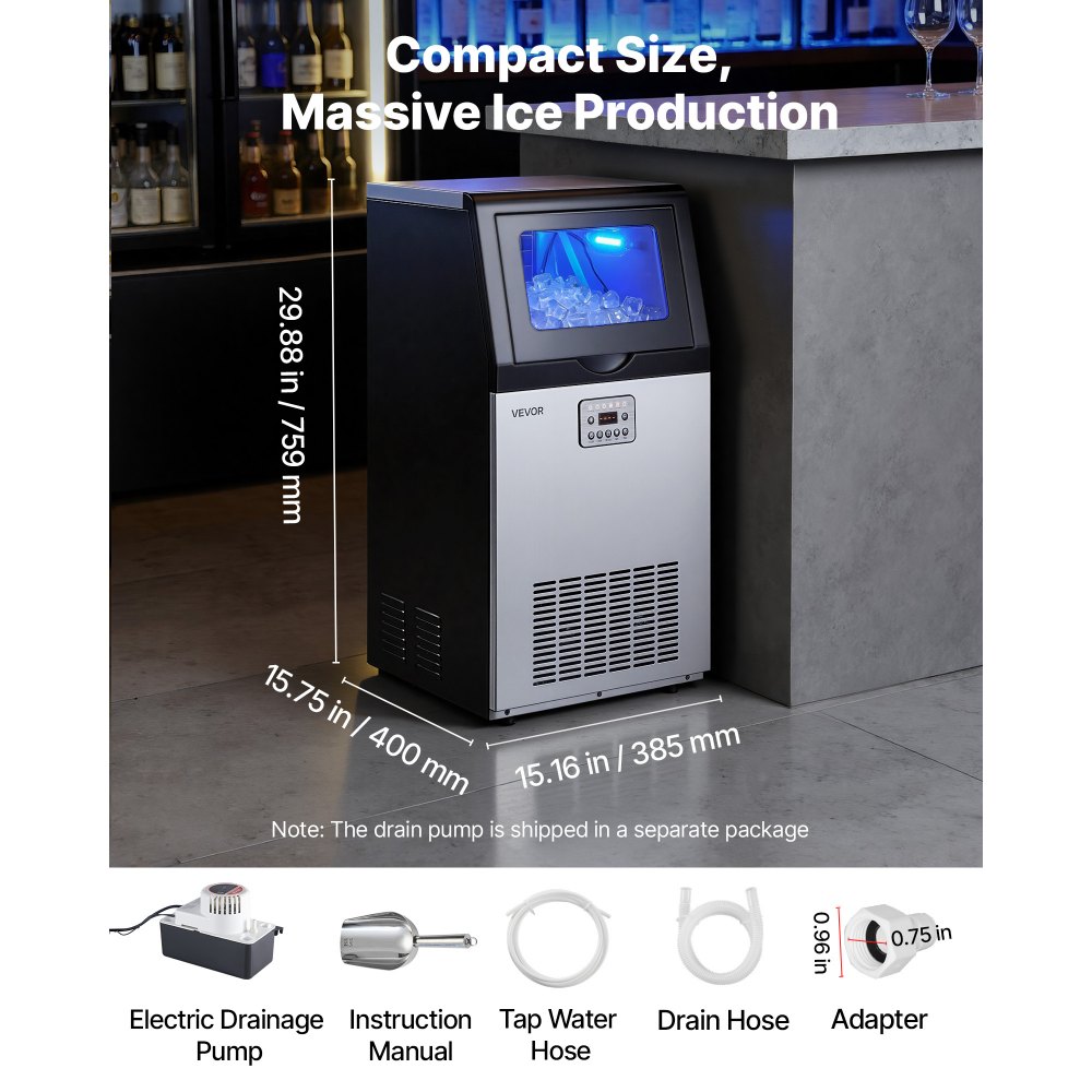 VEVOR Commercial Ice Maker Machine with Pump, 100 lbs/24h with 30 lbs Storage Capacity, Built-in/Freestanding/Under Counter, Stainless Steel Ice Maker with LED Display & Self-Cleaning, for Home Bar