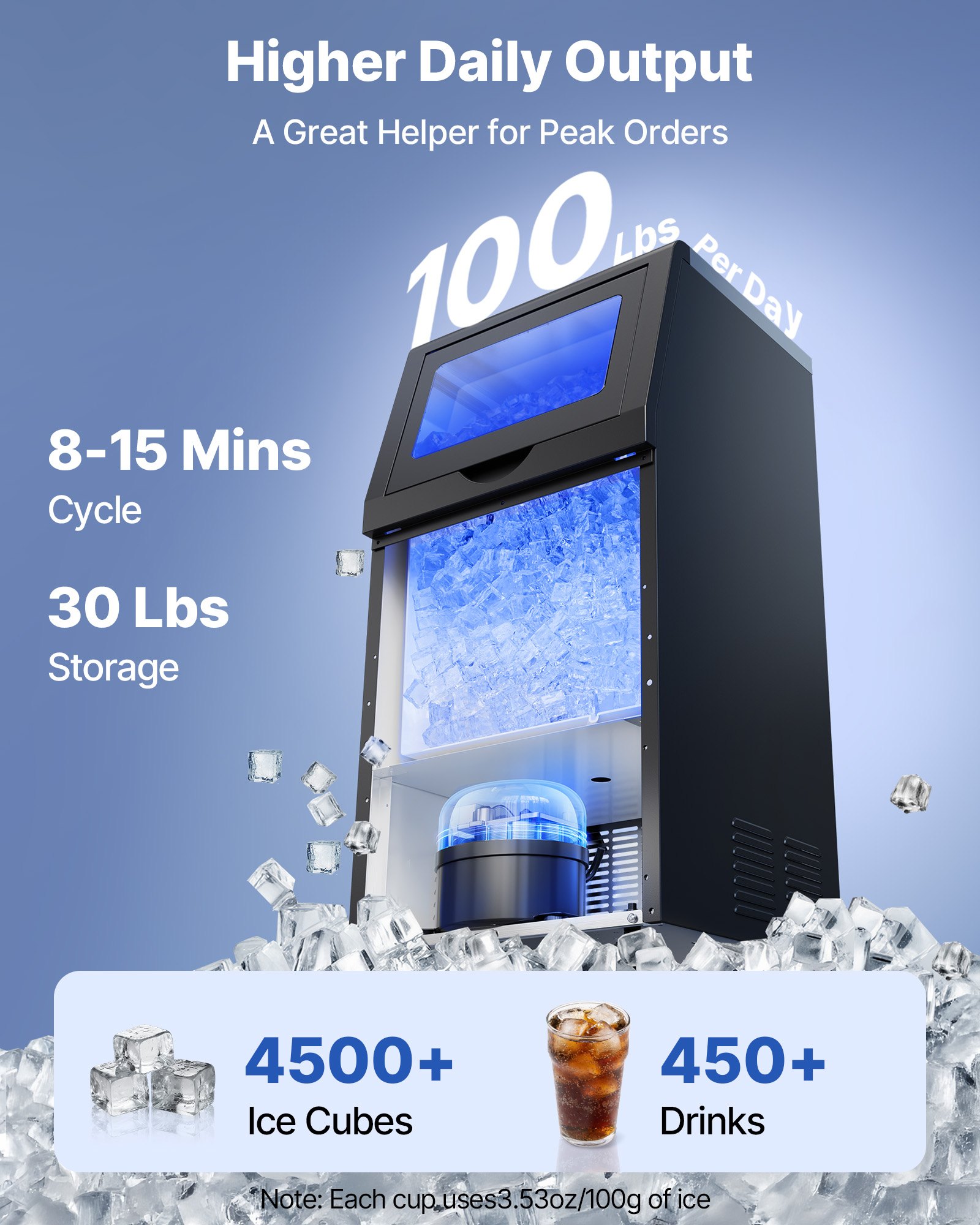 VEVOR Commercial Ice Maker Machine with Pump, 100 lbs/24h with 30 lbs Storage Capacity, Built-in/Freestanding/Under Counter, Stainless Steel Ice Maker with LED Display & Self-Cleaning, for Home Bar