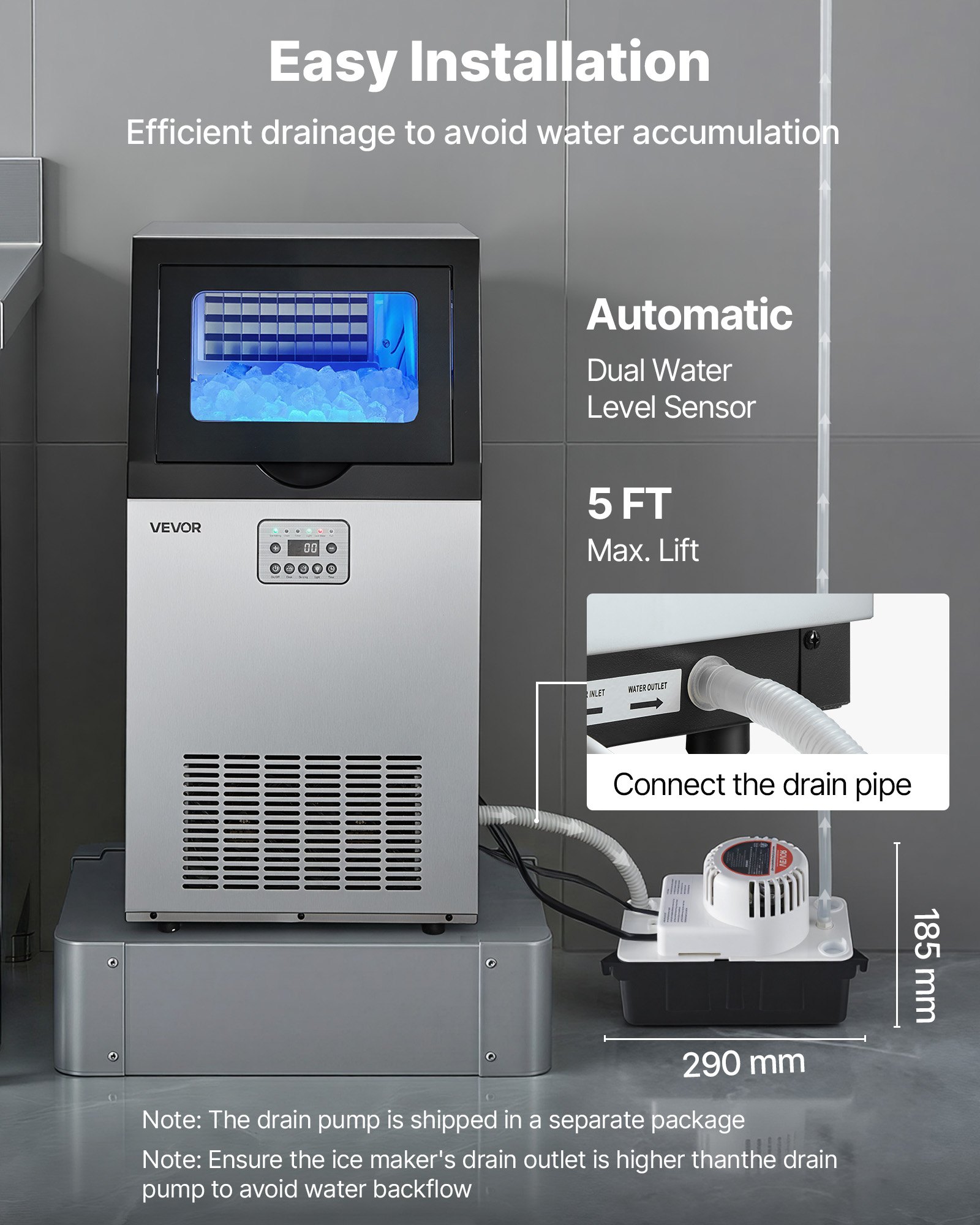 VEVOR Commercial Ice Maker Machine with Pump, 100 lbs/24h with 30 lbs Storage Capacity, Built-in/Freestanding/Under Counter, Stainless Steel Ice Maker with LED Display & Self-Cleaning, for Home Bar