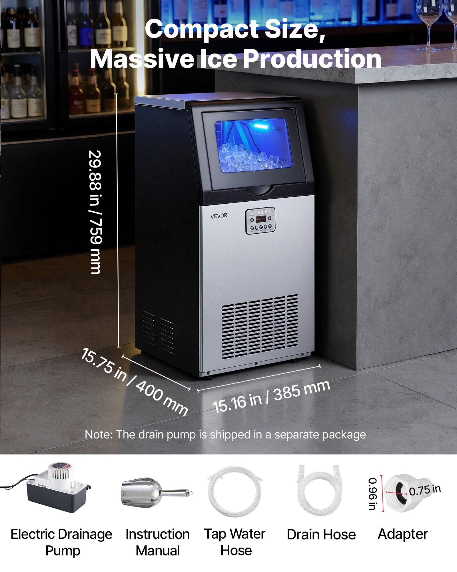 VEVOR Commercial Ice Maker Machine with Pump, 100 lbs/24h with 30 lbs Storage Capacity, Built-in/Freestanding/Under Counter, Stainless Steel Ice Maker with LED Display & Self-Cleaning, for Home Bar