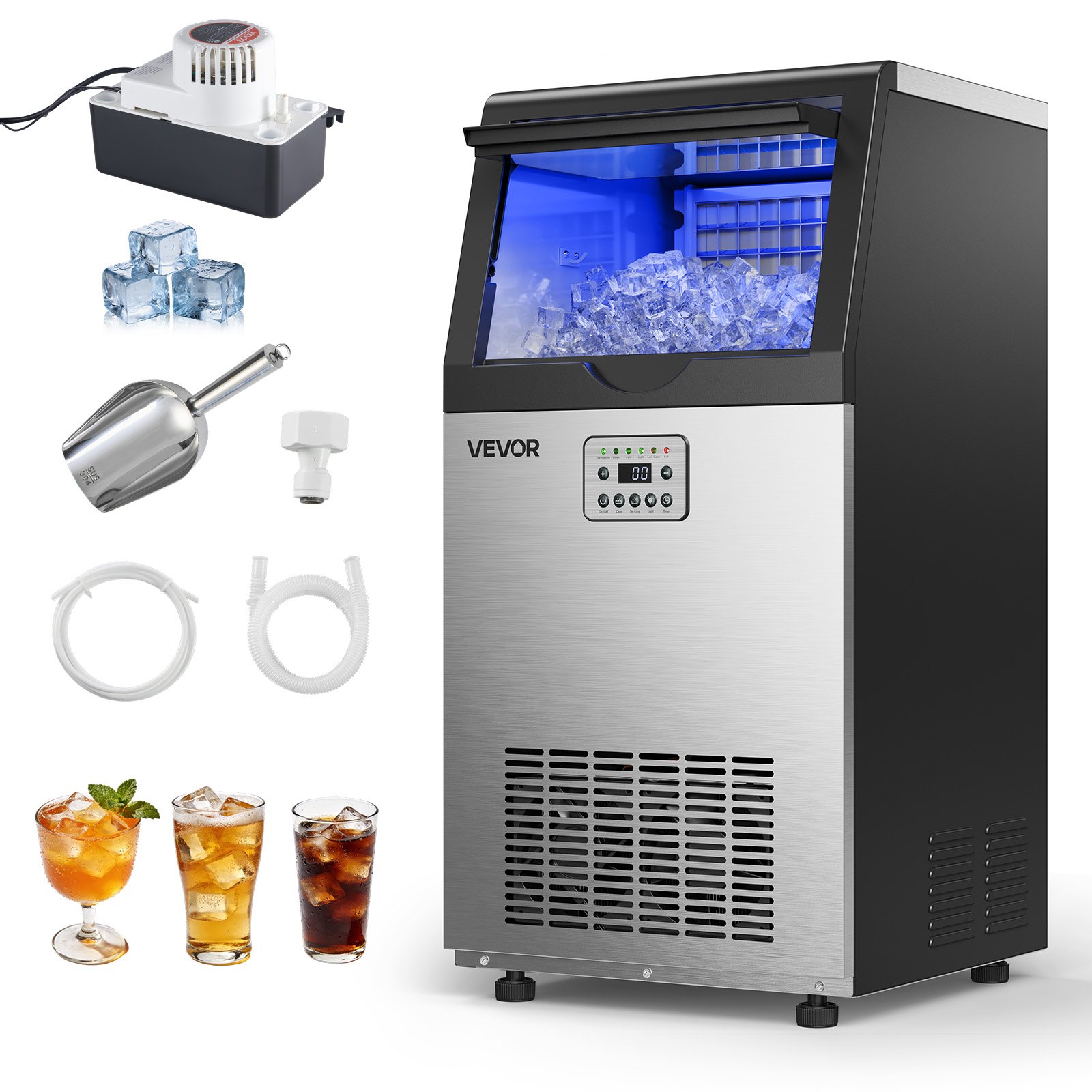 VEVOR Commercial Ice Maker Machine with Pump, 100 lbs/24h with 30 lbs Storage Capacity, Built-in/Freestanding/Under Counter, Stainless Steel Ice Maker with LED Display & Self-Cleaning, for Home Bar