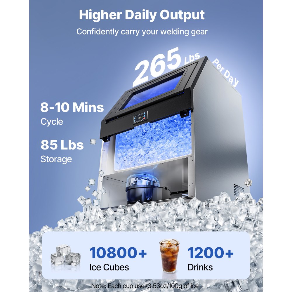 VEVOR Commercial Ice Maker Machine with Pump, 265 lbs/24h with 85 lbs Storage Capacity, Built-in/Freestanding/Under Counter, Stainless Steel Ice Maker with LED Display & Self-Cleaning, for Home Bar