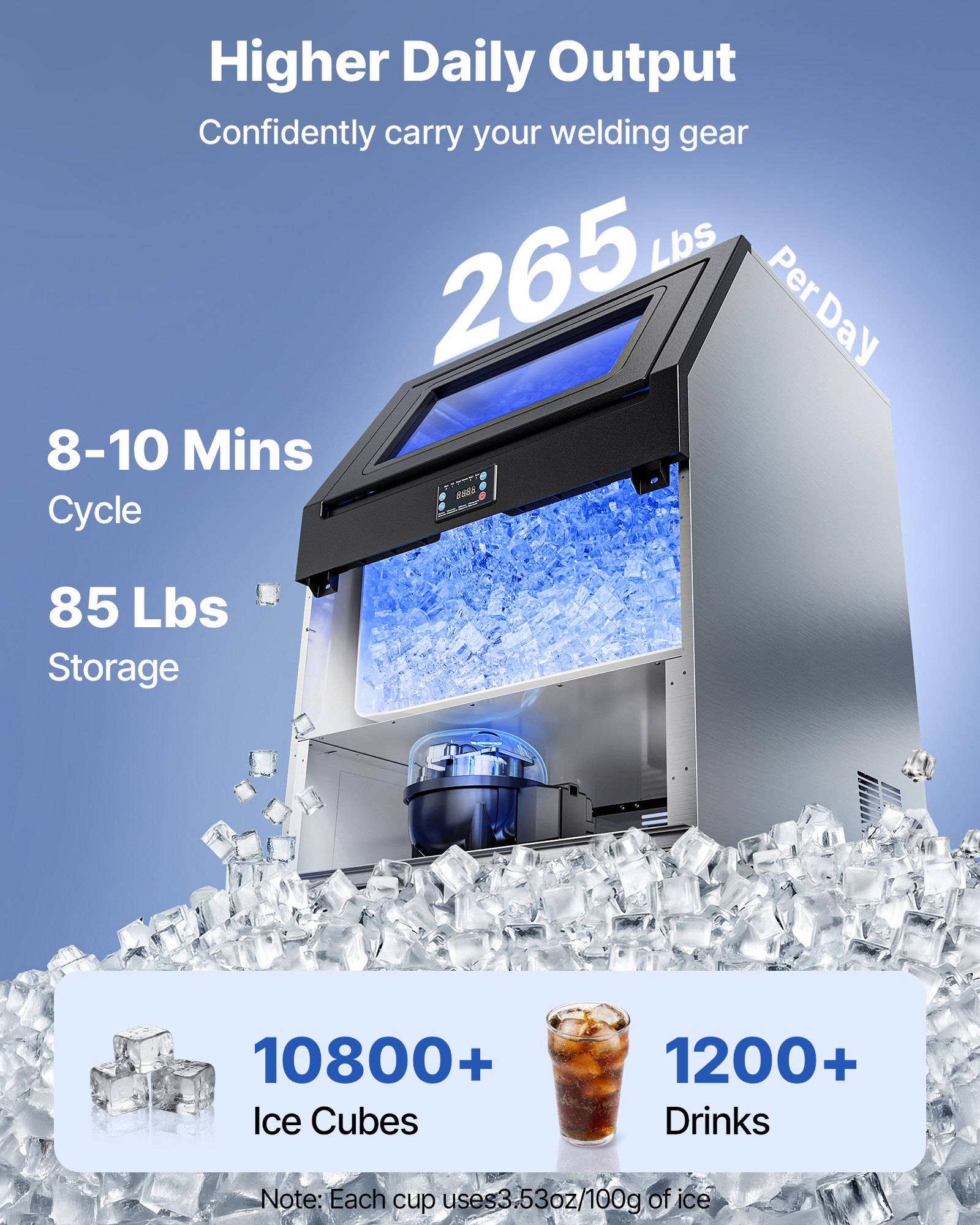 VEVOR Commercial Ice Maker Machine with Pump, 265 lbs/24h with 85 lbs Storage Capacity, Built-in/Freestanding/Under Counter, Stainless Steel Ice Maker with LED Display & Self-Cleaning, for Home Bar