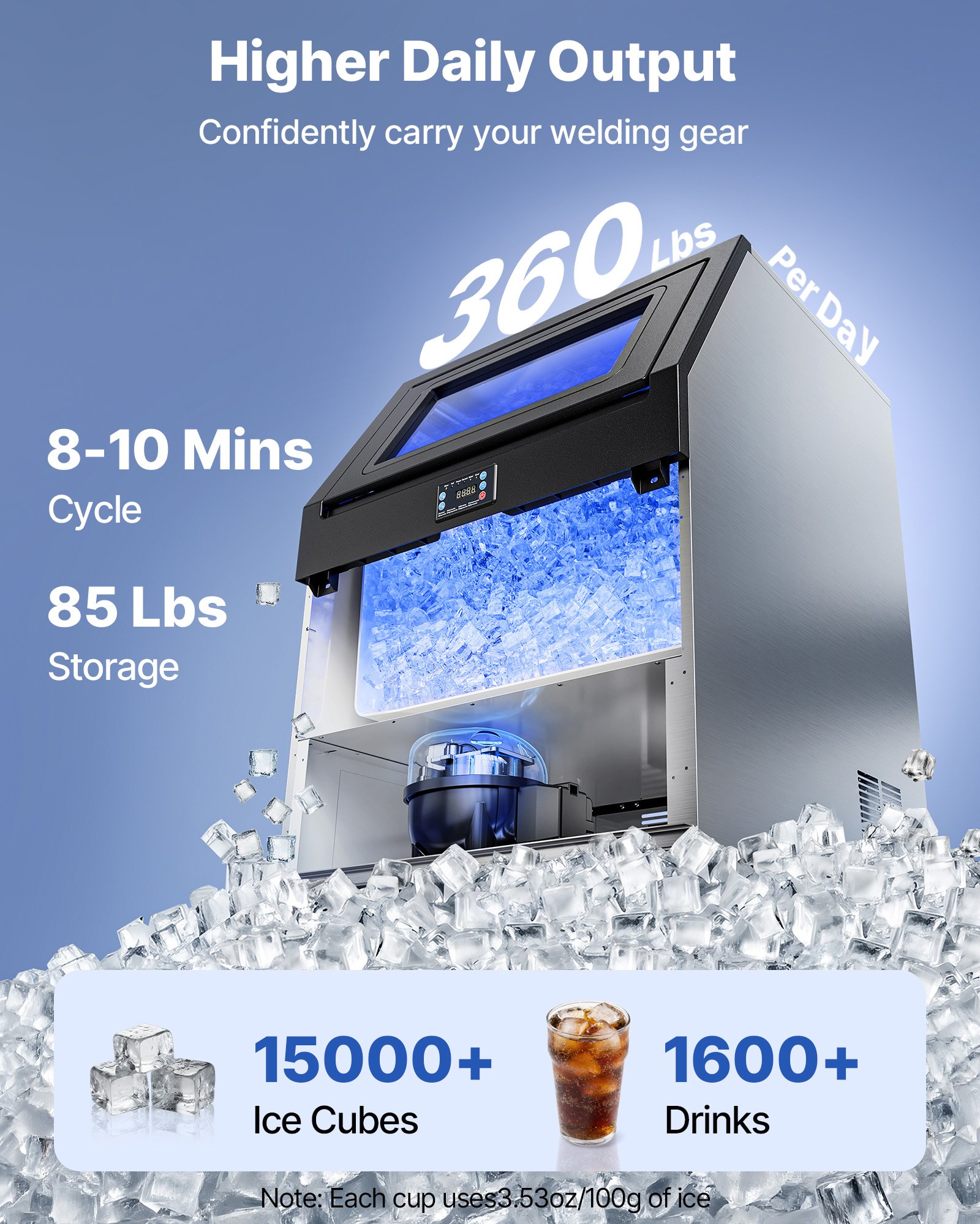 VEVOR Commercial Ice Maker Machine with Pump, 360 lbs/24h with 85 lbs Storage Capacity, Built-in/Freestanding/Under Counter, Stainless Steel Ice Maker with LED Display & Self-Cleaning, for Home Bar