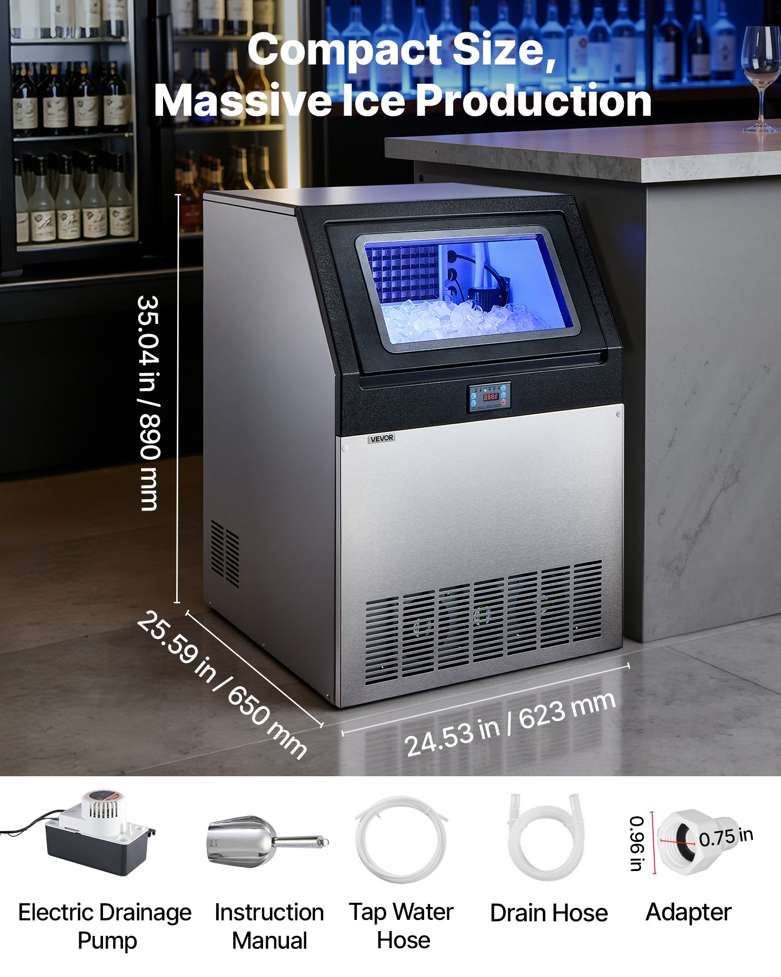 VEVOR Commercial Ice Maker Machine with Pump, 360 lbs/24h with 85 lbs Storage Capacity, Built-in/Freestanding/Under Counter, Stainless Steel Ice Maker with LED Display & Self-Cleaning, for Home Bar