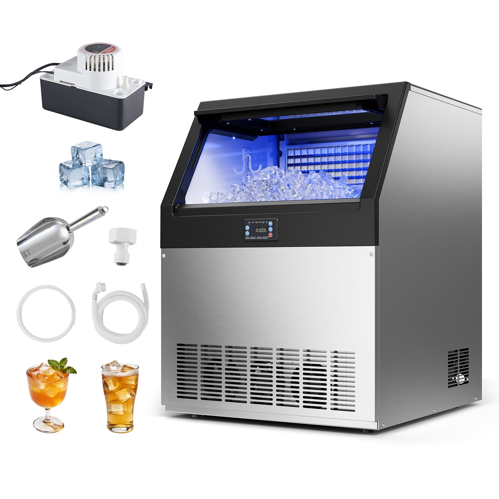 VEVOR Commercial Ice Maker Machine with Pump, 360 lbs/24h with 85 lbs Storage Capacity, Built-in/Freestanding/Under Counter, Stainless Steel Ice Maker with LED Display & Self-Cleaning, for Home Bar