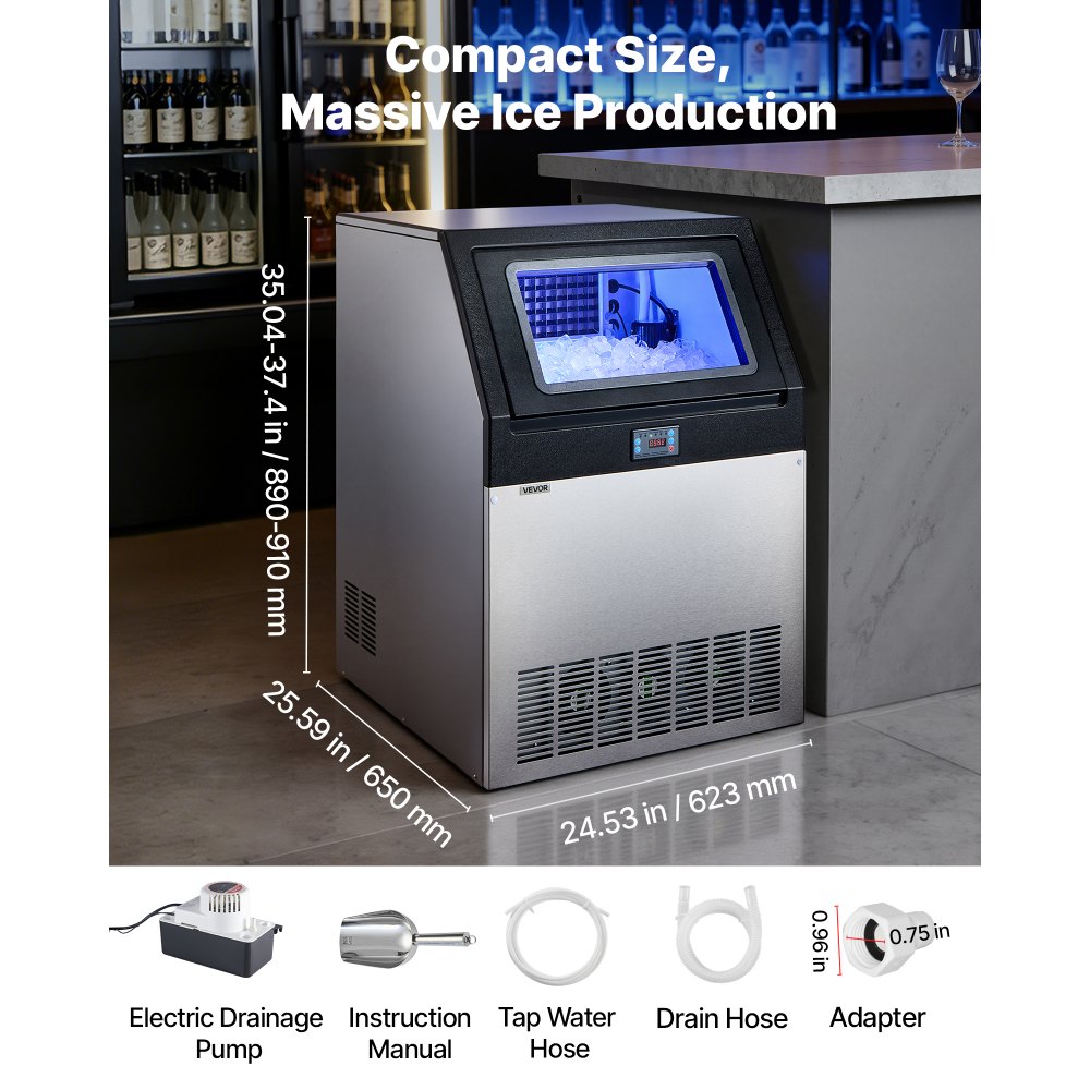 VEVOR Commercial Ice Maker Machine with Pump, 440 lbs/24h with 85 lbs Storage Capacity, Built-in/Freestanding/Under Counter, Stainless Steel Ice Maker with LED Display & Self-Cleaning, for Home Bar