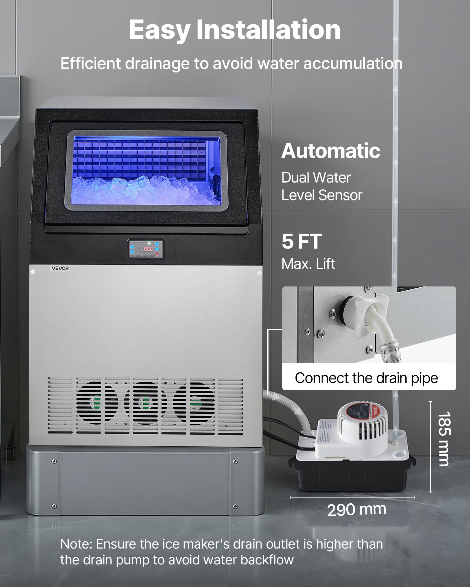 VEVOR Commercial Ice Maker Machine with Pump, 440 lbs/24h with 85 lbs Storage Capacity, Built-in/Freestanding/Under Counter, Stainless Steel Ice Maker with LED Display & Self-Cleaning, for Home Bar