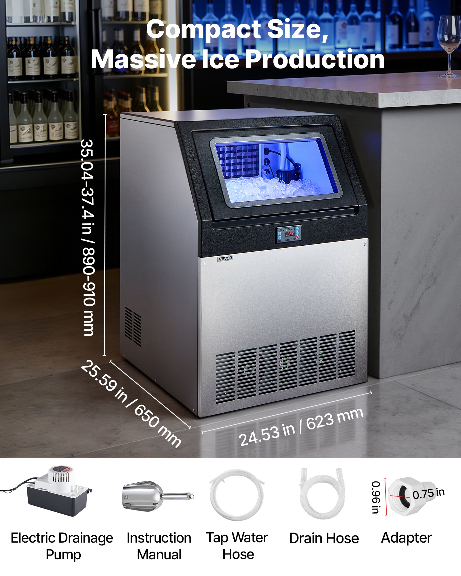 VEVOR Commercial Ice Maker Machine with Pump, 440 lbs/24h with 85 lbs Storage Capacity, Built-in/Freestanding/Under Counter, Stainless Steel Ice Maker with LED Display & Self-Cleaning, for Home Bar