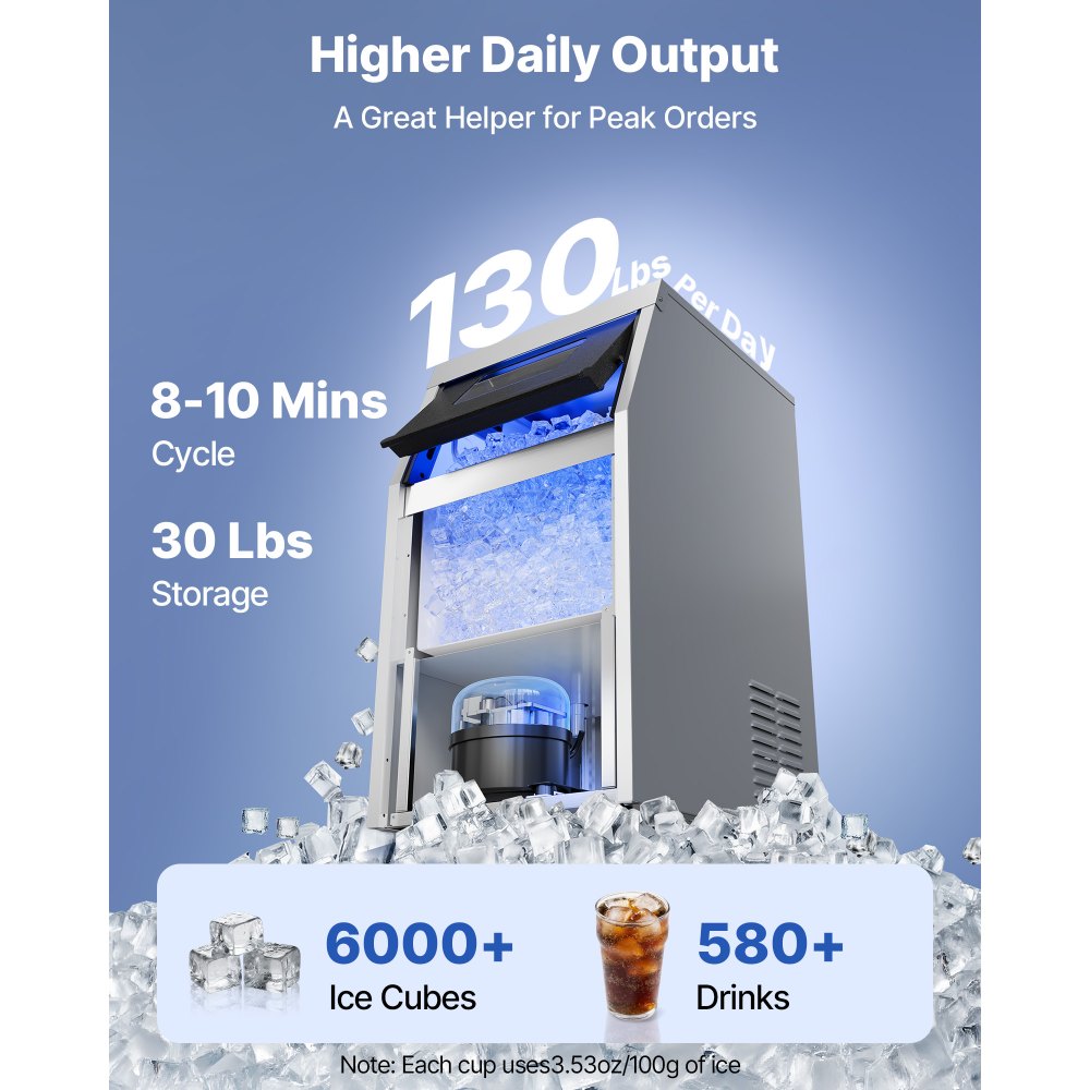 VEVOR Commercial Ice Maker Machine with Pump, 130 lbs/24h with 30 lbs Storage Capacity, Built-in/Freestanding/Under Counter, Stainless Steel Ice Maker with LED Display & Self-Cleaning, for Home Bar