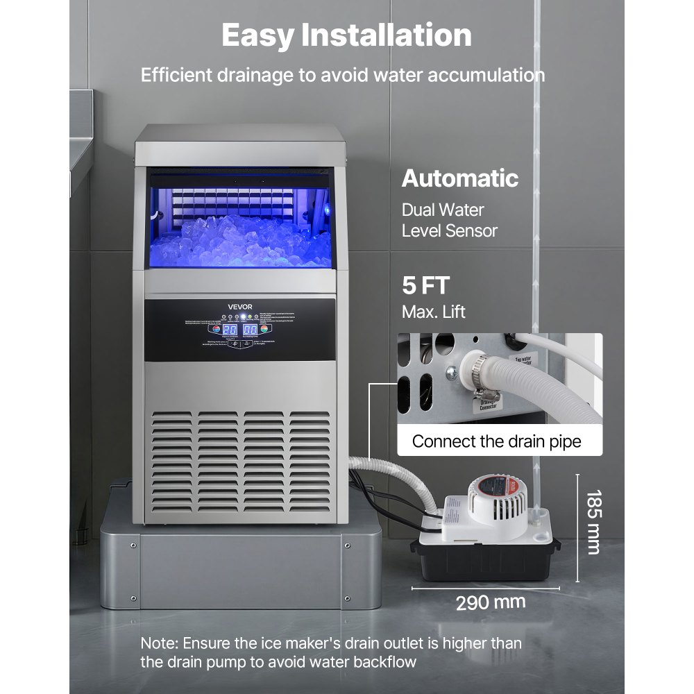 VEVOR Commercial Ice Maker Machine with Pump, 130 lbs/24h with 30 lbs Storage Capacity, Built-in/Freestanding/Under Counter, Stainless Steel Ice Maker with LED Display & Self-Cleaning, for Home Bar