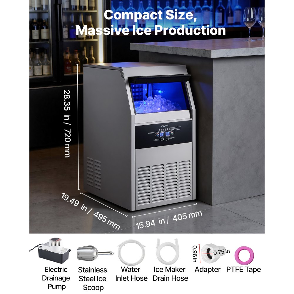 VEVOR Commercial Ice Maker Machine with Pump, 130 lbs/24h with 30 lbs Storage Capacity, Built-in/Freestanding/Under Counter, Stainless Steel Ice Maker with LED Display & Self-Cleaning, for Home Bar