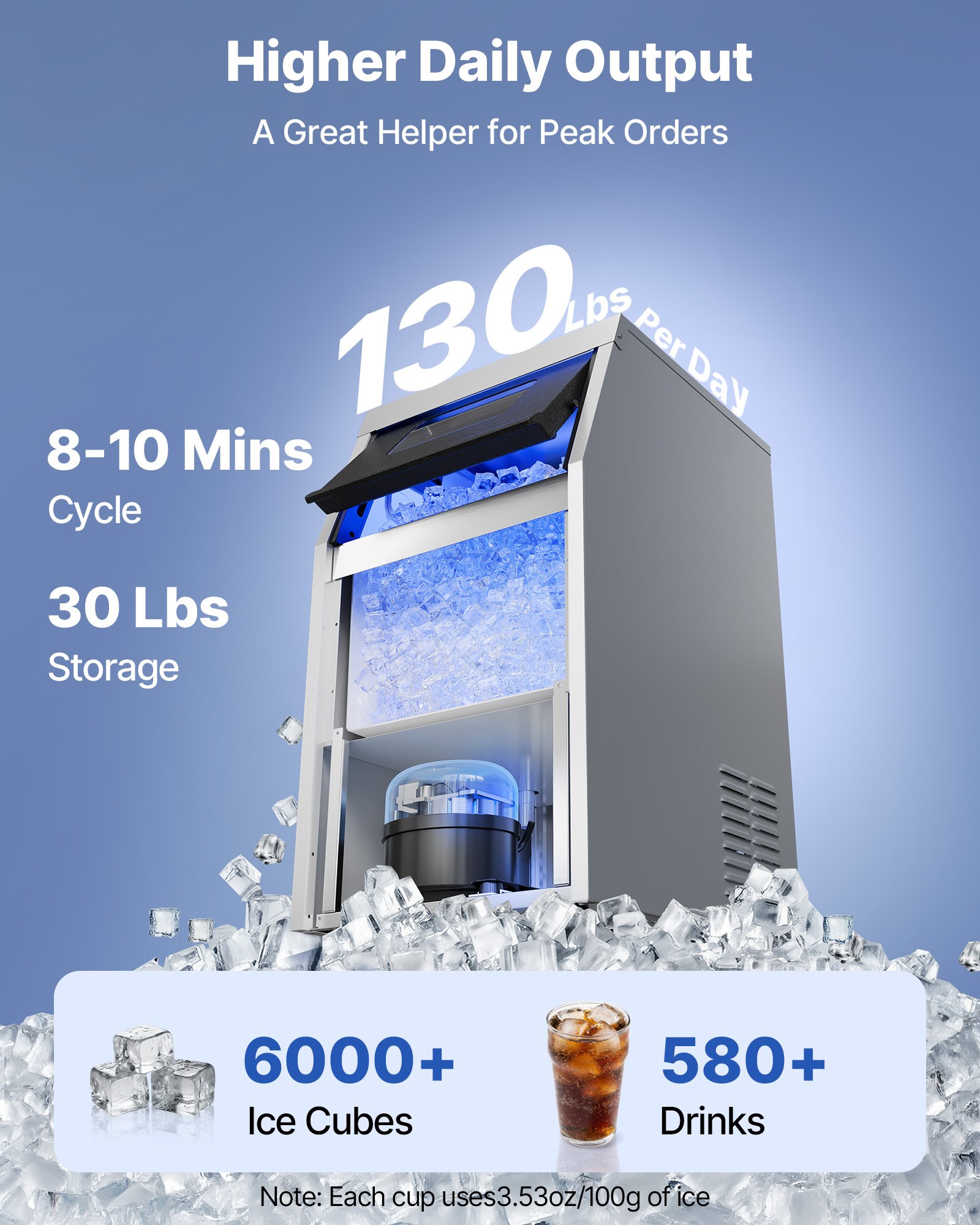 VEVOR Commercial Ice Maker Machine with Pump, 130 lbs/24h with 30 lbs Storage Capacity, Built-in/Freestanding/Under Counter, Stainless Steel Ice Maker with LED Display & Self-Cleaning, for Home Bar