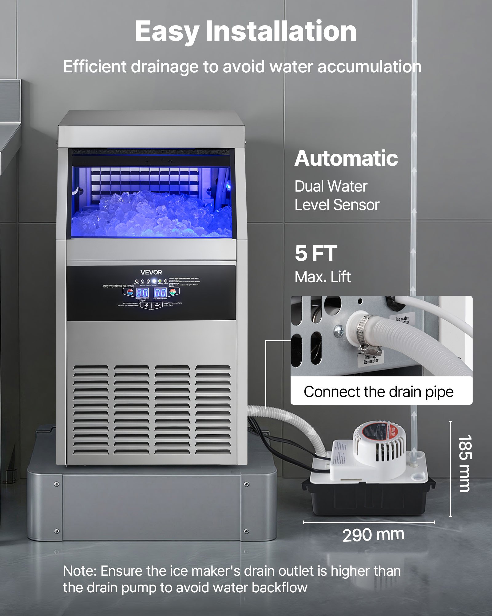 VEVOR Commercial Ice Maker Machine with Pump, 130 lbs/24h with 30 lbs Storage Capacity, Built-in/Freestanding/Under Counter, Stainless Steel Ice Maker with LED Display & Self-Cleaning, for Home Bar