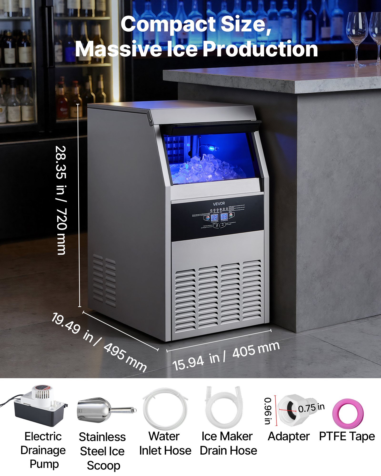 VEVOR Commercial Ice Maker Machine with Pump, 130 lbs/24h with 30 lbs Storage Capacity, Built-in/Freestanding/Under Counter, Stainless Steel Ice Maker with LED Display & Self-Cleaning, for Home Bar