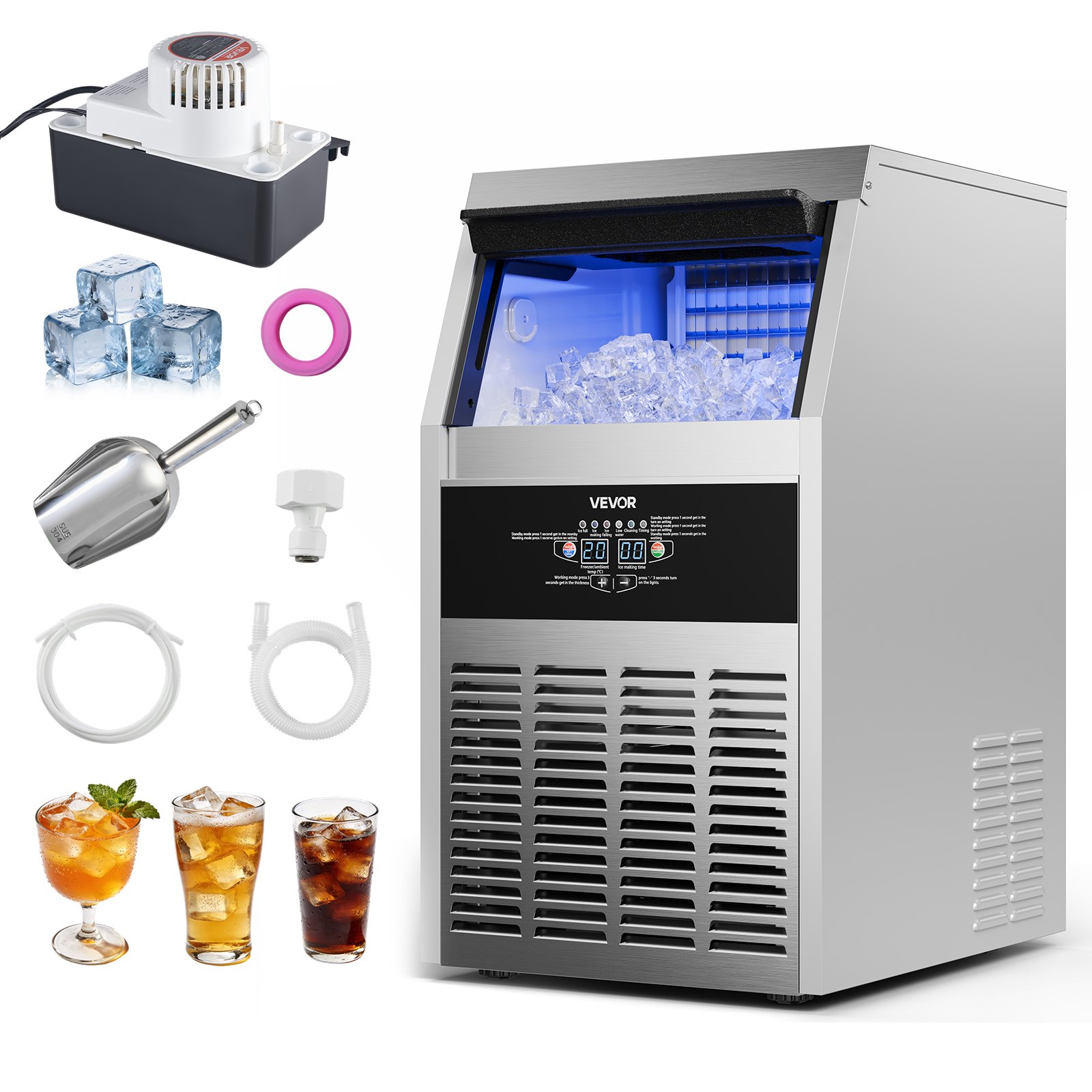 VEVOR Commercial Ice Maker Machine with Pump, 130 lbs/24h with 30 lbs Storage Capacity, Built-in/Freestanding/Under Counter, Stainless Steel Ice Maker with LED Display & Self-Cleaning, for Home Bar