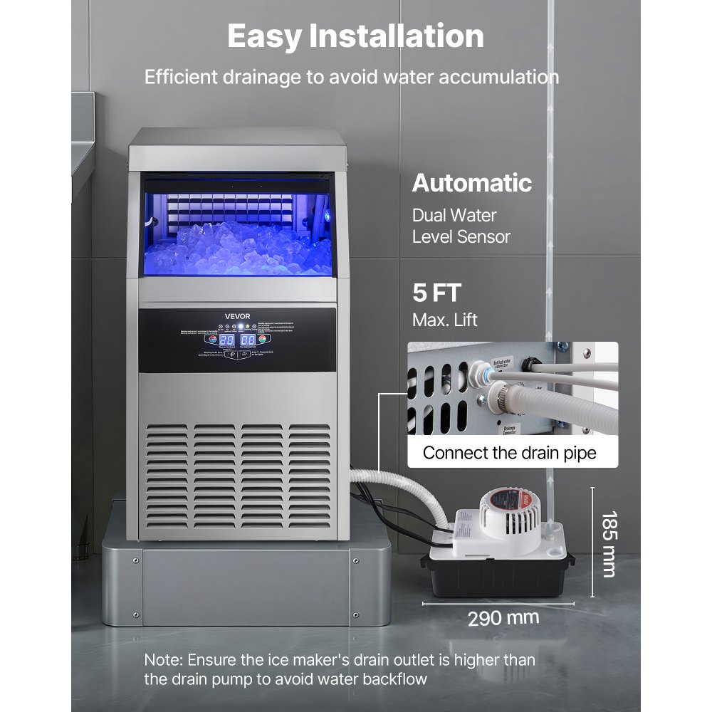 VEVOR Commercial Ice Maker Machine with Pump, 150 lbs/24h with 30 lbs Storage Capacity, Built-in/Freestanding/Under Counter, Stainless Steel Ice Maker with LED Display & Self-Cleaning, for Home Bar