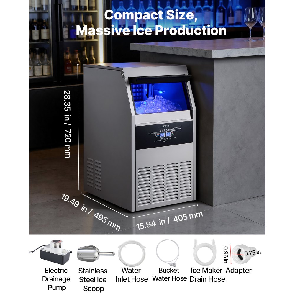 VEVOR Commercial Ice Maker Machine with Pump, 150 lbs/24h with 30 lbs Storage Capacity, Built-in/Freestanding/Under Counter, Stainless Steel Ice Maker with LED Display & Self-Cleaning, for Home Bar