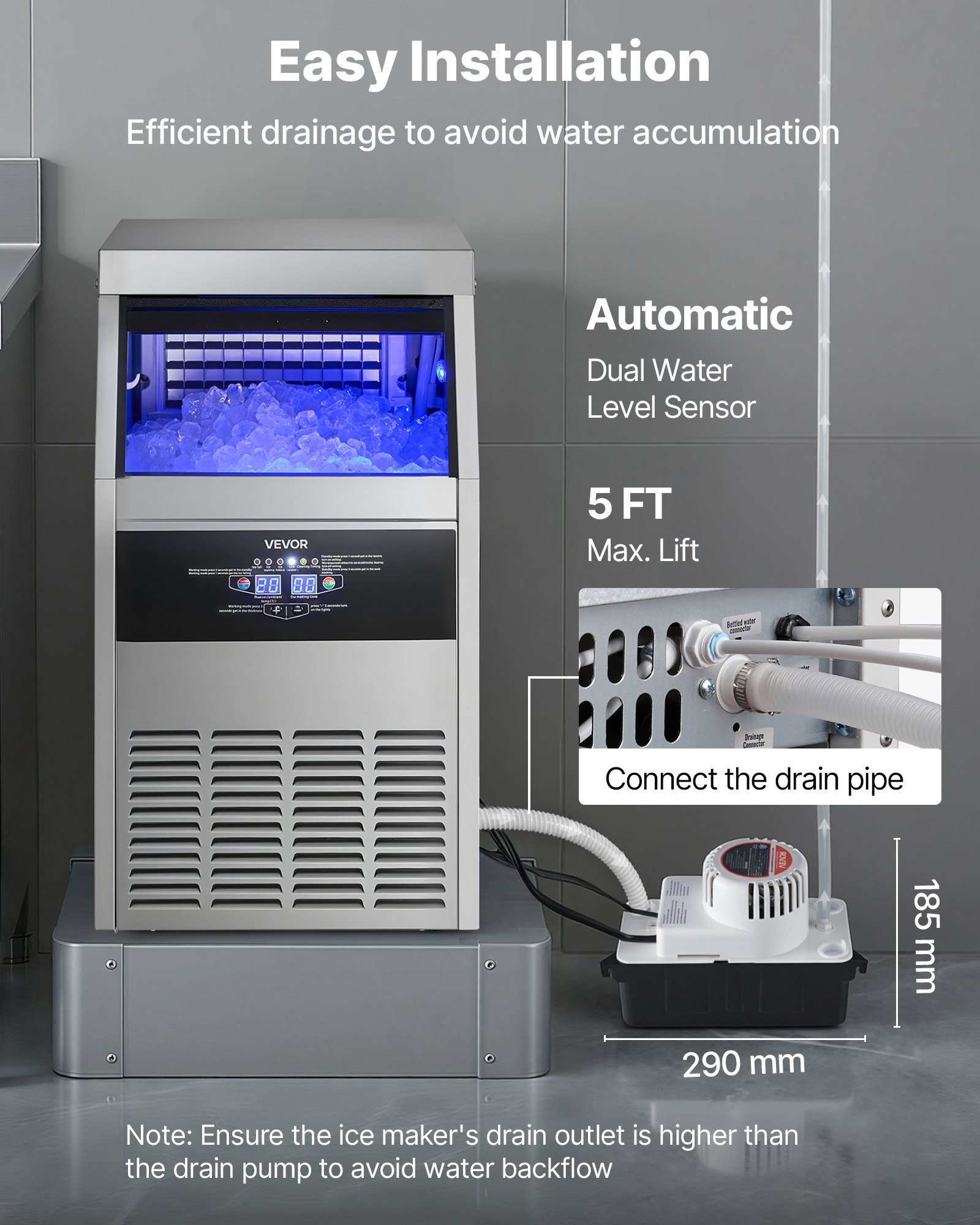 VEVOR Commercial Ice Maker Machine with Pump, 150 lbs/24h with 30 lbs Storage Capacity, Built-in/Freestanding/Under Counter, Stainless Steel Ice Maker with LED Display & Self-Cleaning, for Home Bar