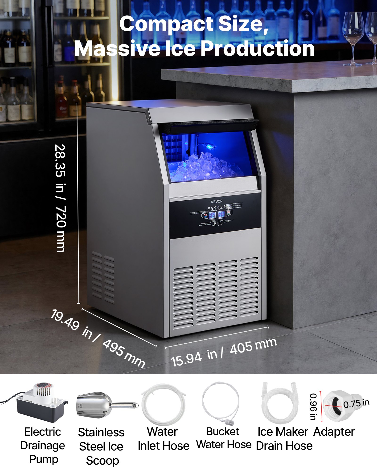 VEVOR Commercial Ice Maker Machine with Pump, 150 lbs/24h with 30 lbs Storage Capacity, Built-in/Freestanding/Under Counter, Stainless Steel Ice Maker with LED Display & Self-Cleaning, for Home Bar
