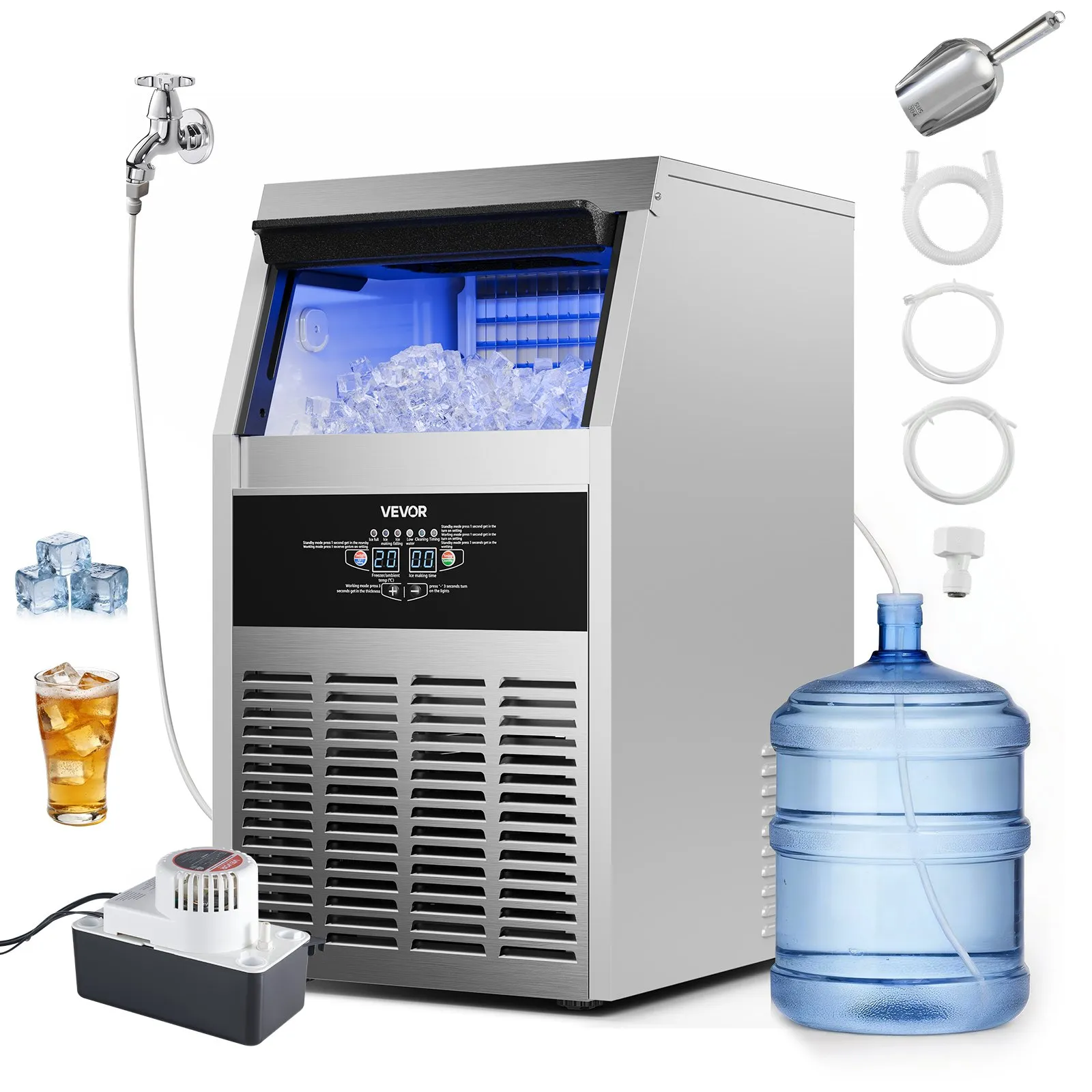 VEVOR Commercial Ice Maker Machine with Pump, 150 lbs/24h with 30 lbs Storage Capacity, Built-in/Freestanding/Under Counter, Stainless Steel Ice Maker with LED Display & Self-Cleaning, for Home Bar
