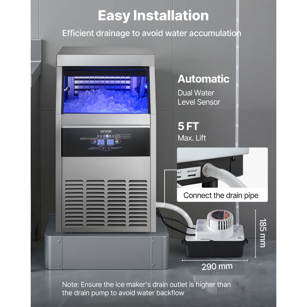 VEVOR Commercial Ice Maker Machine with Pump, 160 lbs/24h with 30 lbs Storage Capacity, Built-in/Freestanding/Under Counter, Stainless Steel Ice Maker with LED Display & Self-Cleaning, for Home Bar