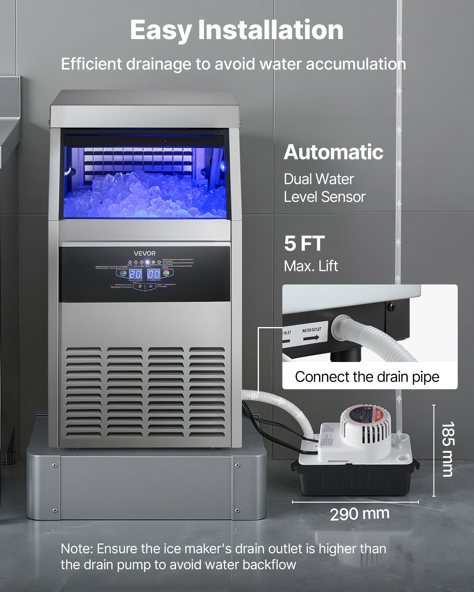 VEVOR Commercial Ice Maker Machine with Pump, 160 lbs/24h with 30 lbs Storage Capacity, Built-in/Freestanding/Under Counter, Stainless Steel Ice Maker with LED Display & Self-Cleaning, for Home Bar