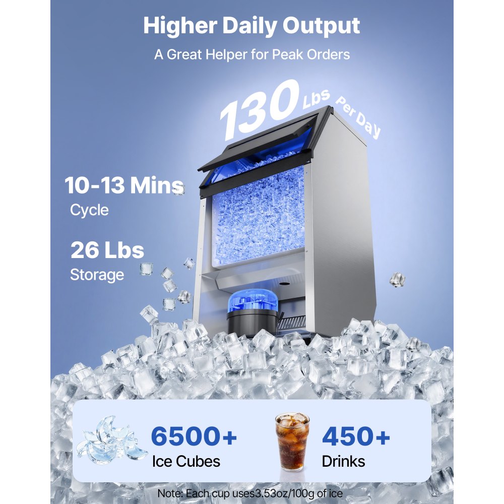 VEVOR Commercial Ice Maker Machine with Pump, 100 lbs/24h with 26 lbs Storage Capacity, Built-in/Freestanding/Under Counter, Stainless Steel Ice Maker with LED Display & Self-Cleaning, for Home Bar