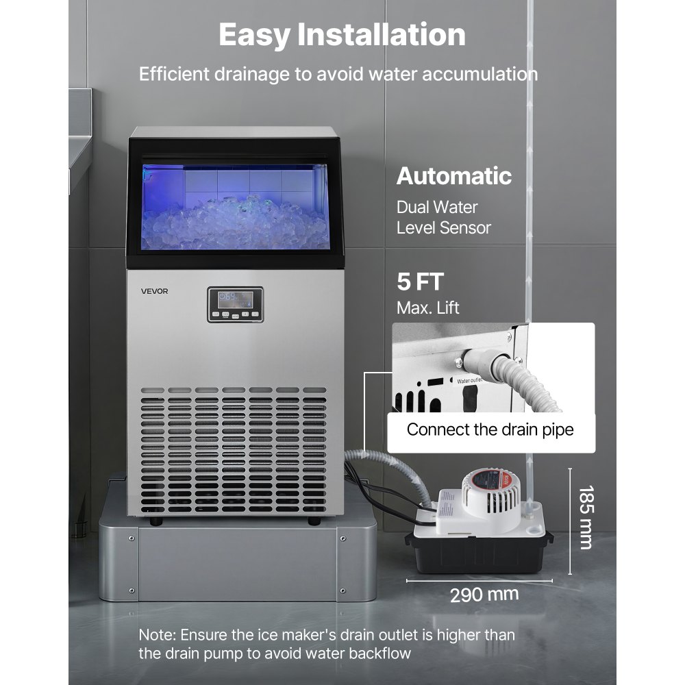 VEVOR Commercial Ice Maker Machine with Pump, 100 lbs/24h with 26 lbs Storage Capacity, Built-in/Freestanding/Under Counter, Stainless Steel Ice Maker with LED Display & Self-Cleaning, for Home Bar