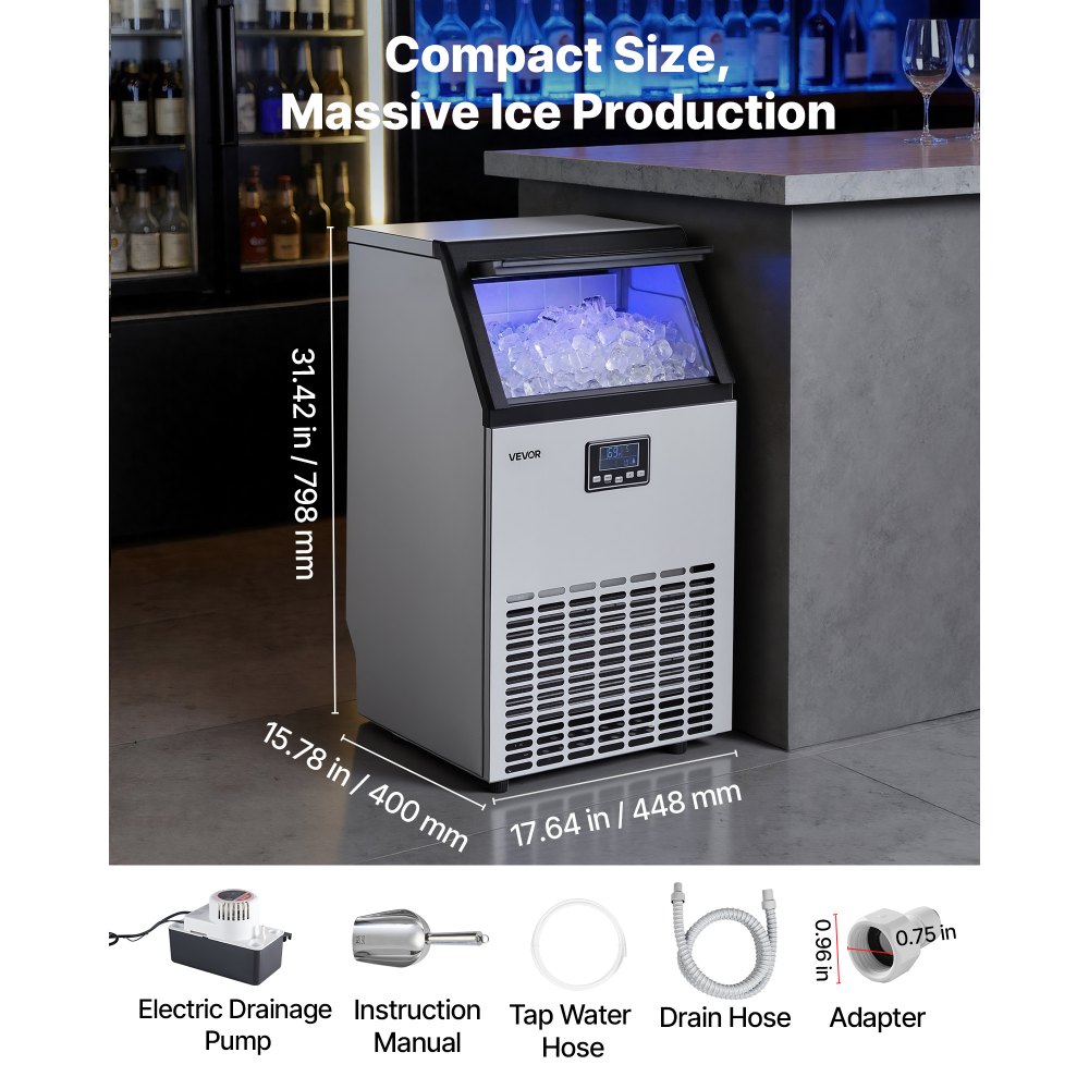 VEVOR Commercial Ice Maker Machine with Pump, 100 lbs/24h with 26 lbs Storage Capacity, Built-in/Freestanding/Under Counter, Stainless Steel Ice Maker with LED Display & Self-Cleaning, for Home Bar