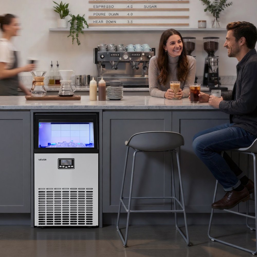 VEVOR Commercial Ice Maker Machine with Pump, 100 lbs/24h with 26 lbs Storage Capacity, Built-in/Freestanding/Under Counter, Stainless Steel Ice Maker with LED Display & Self-Cleaning, for Home Bar