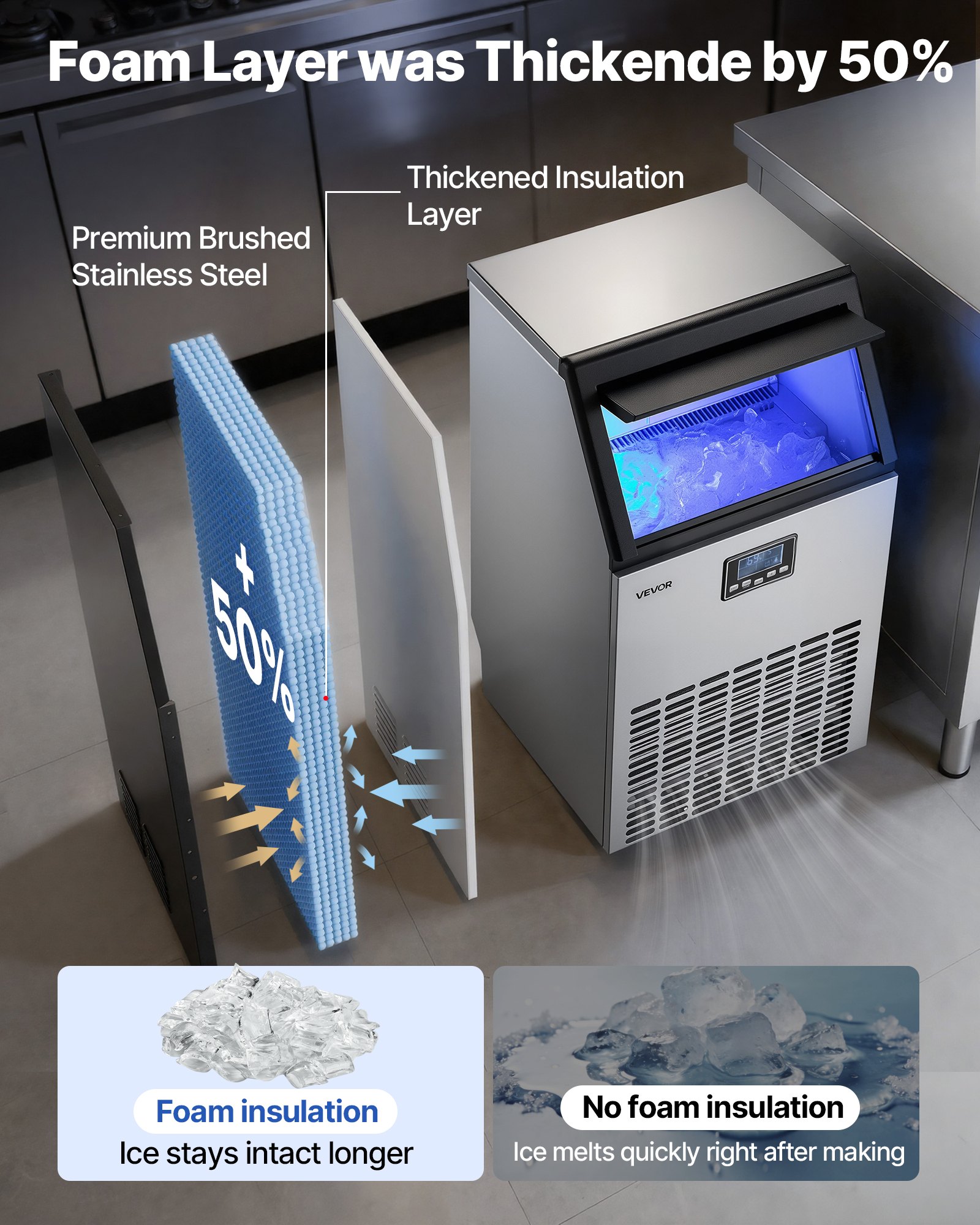 VEVOR Commercial Ice Maker Machine with Pump, 100 lbs/24h with 26 lbs Storage Capacity, Built-in/Freestanding/Under Counter, Stainless Steel Ice Maker with LED Display & Self-Cleaning, for Home Bar