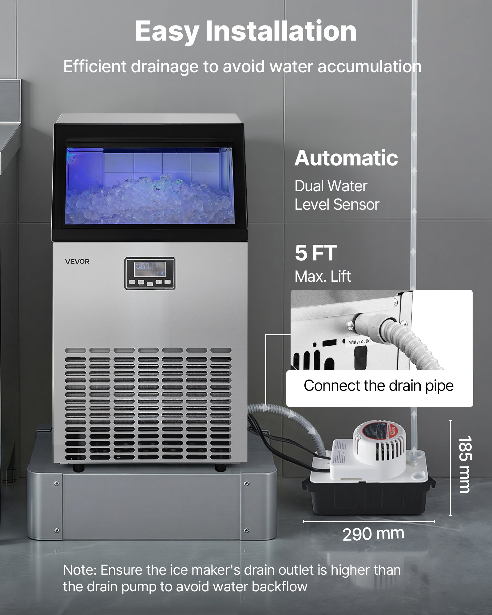 VEVOR Commercial Ice Maker Machine with Pump, 100 lbs/24h with 26 lbs Storage Capacity, Built-in/Freestanding/Under Counter, Stainless Steel Ice Maker with LED Display & Self-Cleaning, for Home Bar