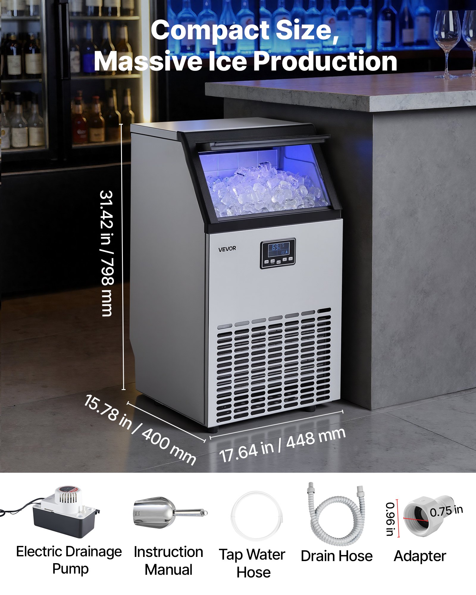 VEVOR Commercial Ice Maker Machine with Pump, 100 lbs/24h with 26 lbs Storage Capacity, Built-in/Freestanding/Under Counter, Stainless Steel Ice Maker with LED Display & Self-Cleaning, for Home Bar