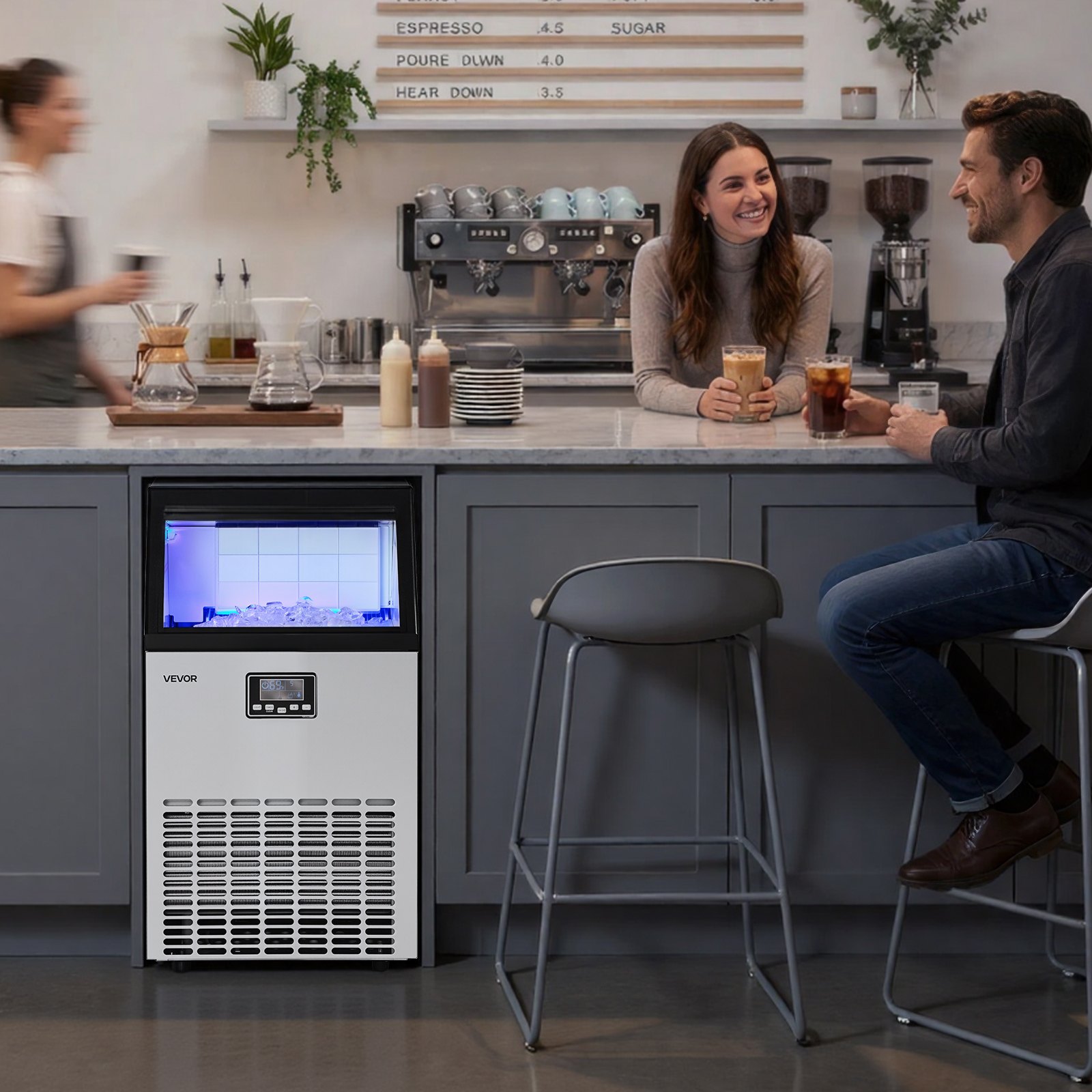 VEVOR Commercial Ice Maker Machine with Pump, 100 lbs/24h with 26 lbs Storage Capacity, Built-in/Freestanding/Under Counter, Stainless Steel Ice Maker with LED Display & Self-Cleaning, for Home Bar