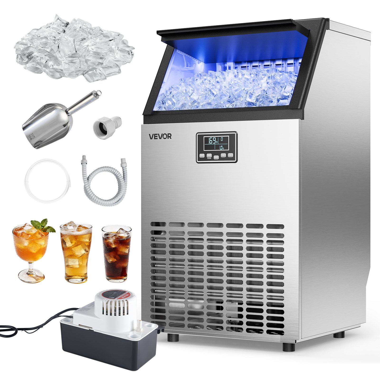 VEVOR Commercial Ice Maker Machine with Pump, 100 lbs/24h with 26 lbs Storage Capacity, Built-in/Freestanding/Under Counter, Stainless Steel Ice Maker with LED Display & Self-Cleaning, for Home Bar