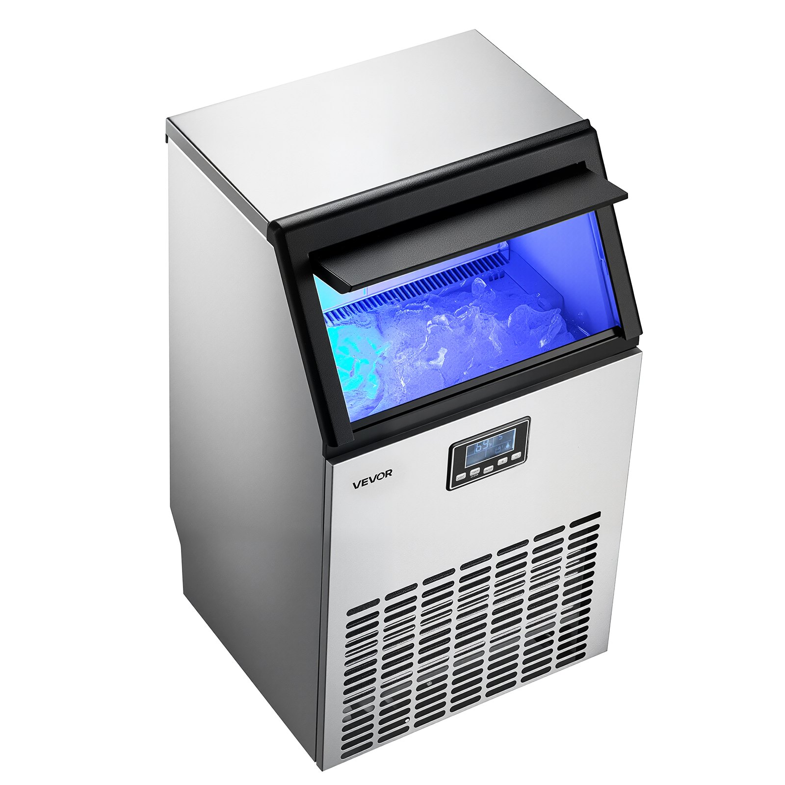 VEVOR Commercial Ice Maker Machine with Pump, 100 lbs/24h with 26 lbs Storage Capacity, Built-in/Freestanding/Under Counter, Stainless Steel Ice Maker with LED Display & Self-Cleaning, for Home Bar