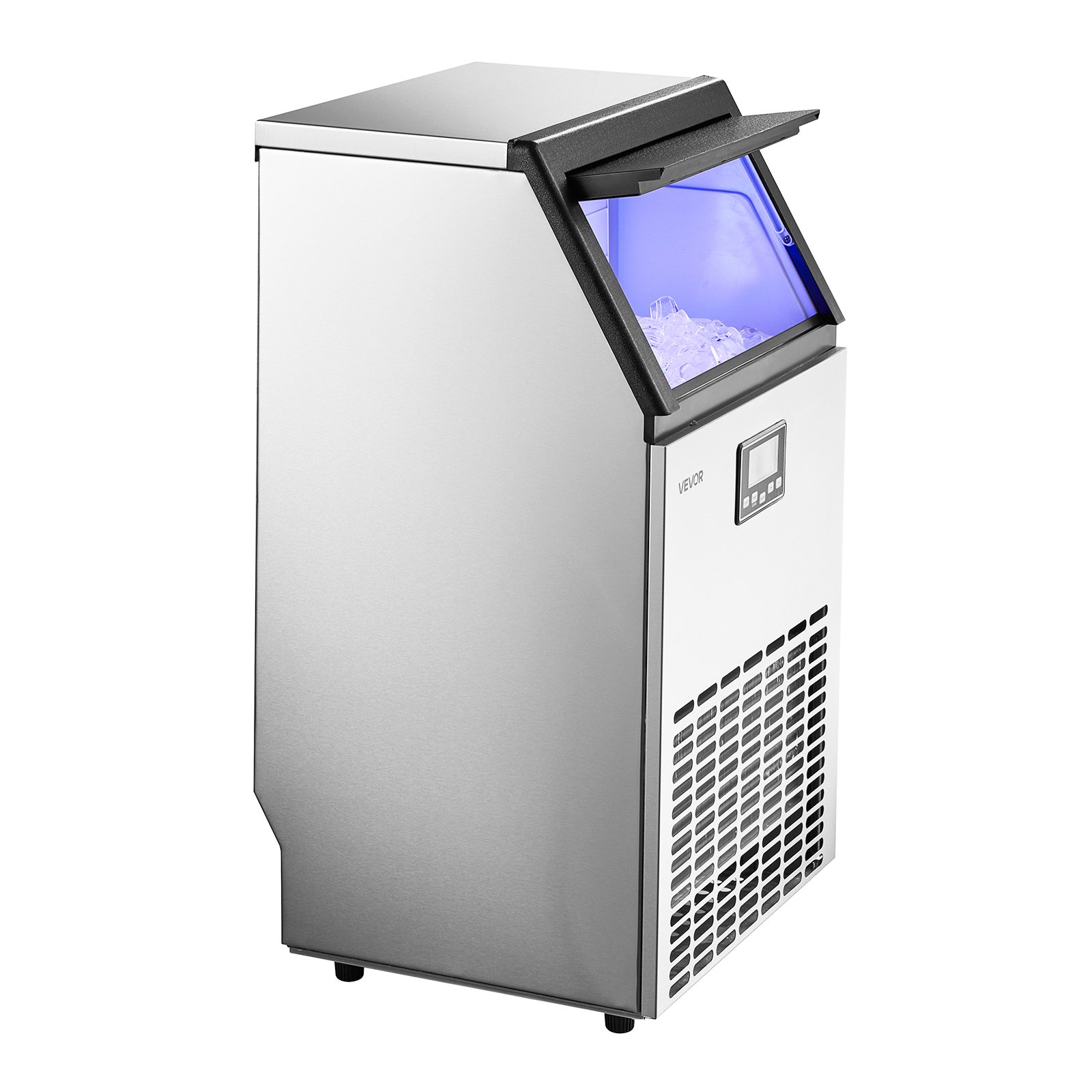 VEVOR Commercial Ice Maker Machine with Pump, 100 lbs/24h with 26 lbs Storage Capacity, Built-in/Freestanding/Under Counter, Stainless Steel Ice Maker with LED Display & Self-Cleaning, for Home Bar