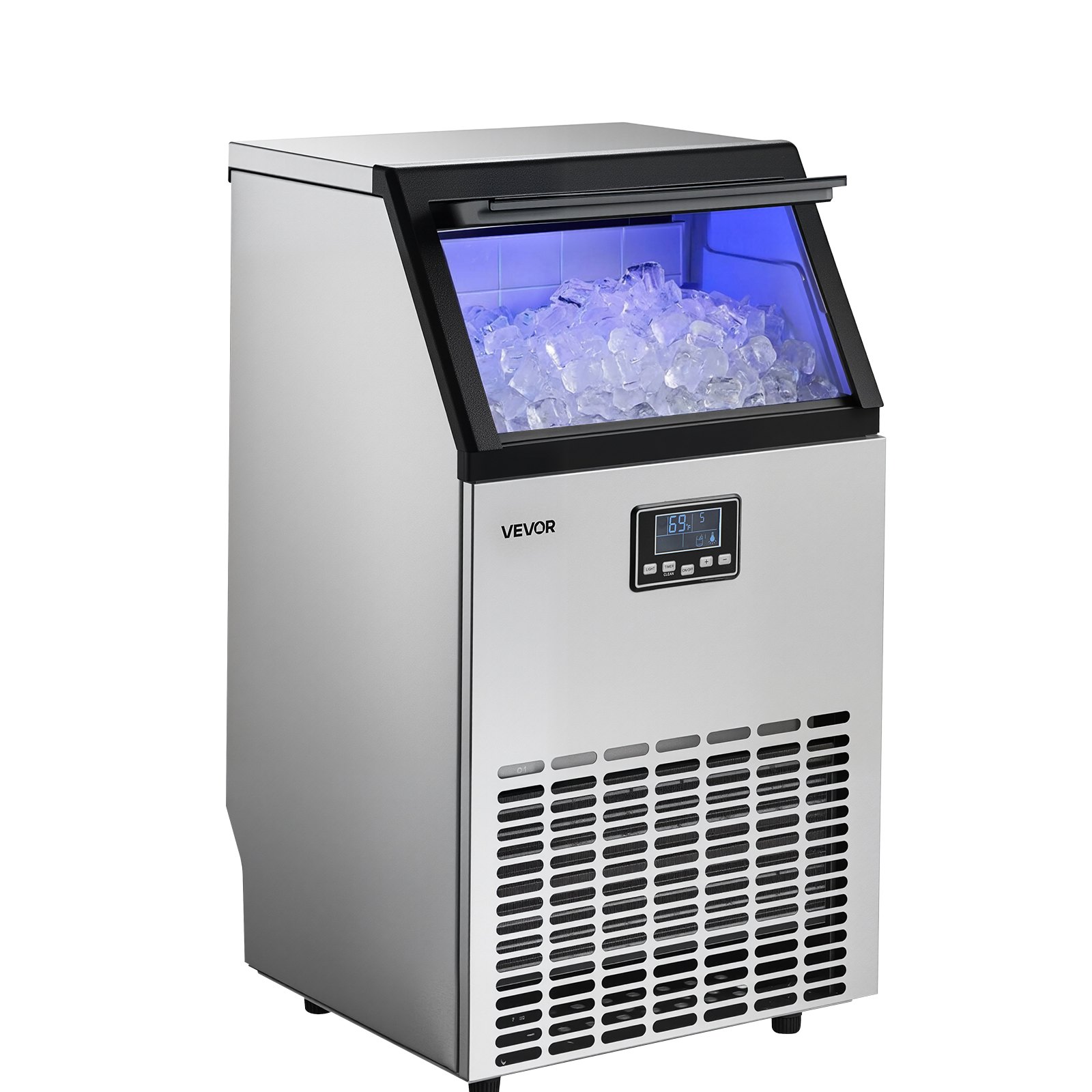 VEVOR Commercial Ice Maker Machine with Pump, 100 lbs/24h with 26 lbs Storage Capacity, Built-in/Freestanding/Under Counter, Stainless Steel Ice Maker with LED Display & Self-Cleaning, for Home Bar