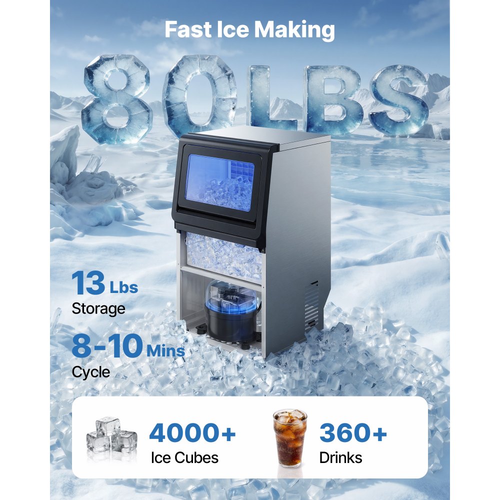 VEVOR Commercial Ice Maker Machine with Pump, 80 lbs/24h with 13 lbs Storage Capacity, Countertop/Freestanding/Under Counter, Stainless Steel Ice Maker with LED Display & Self-Cleaning, for Home Bar