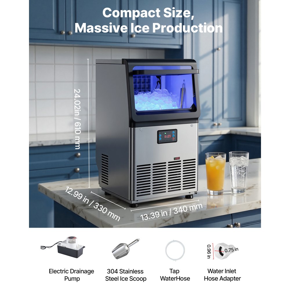 VEVOR Commercial Ice Maker Machine with Pump, 80 lbs/24h with 13 lbs Storage Capacity, Countertop/Freestanding/Under Counter, Stainless Steel Ice Maker with LED Display & Self-Cleaning, for Home Bar