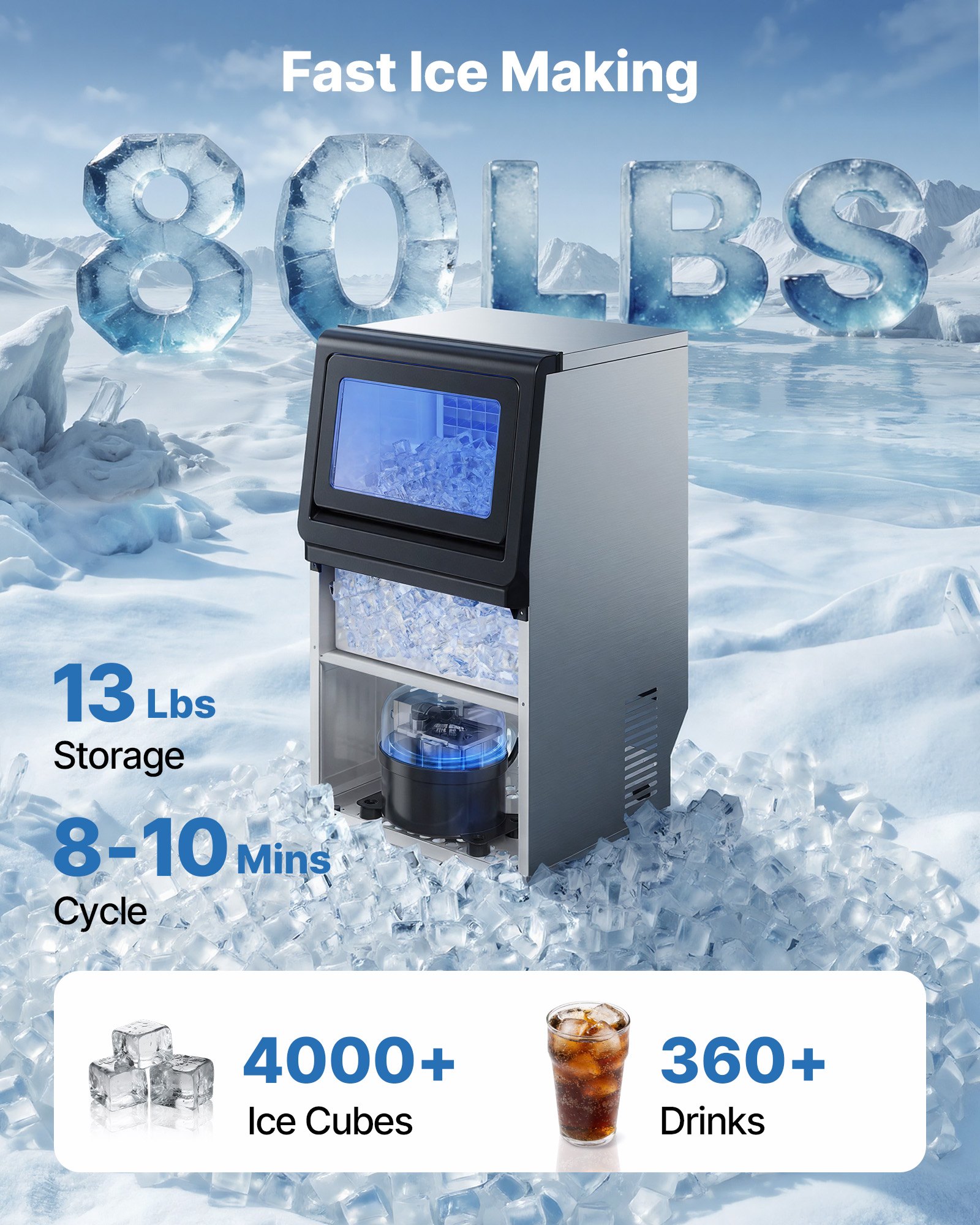 VEVOR Commercial Ice Maker Machine with Pump, 80 lbs/24h with 13 lbs Storage Capacity, Countertop/Freestanding/Under Counter, Stainless Steel Ice Maker with LED Display & Self-Cleaning, for Home Bar