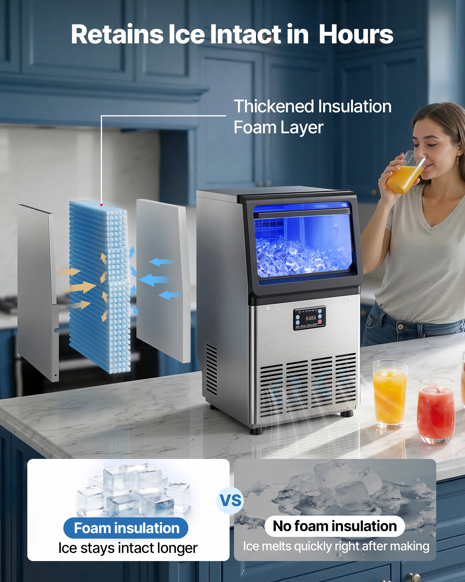 VEVOR Commercial Ice Maker Machine with Pump, 80 lbs/24h with 13 lbs Storage Capacity, Countertop/Freestanding/Under Counter, Stainless Steel Ice Maker with LED Display & Self-Cleaning, for Home Bar