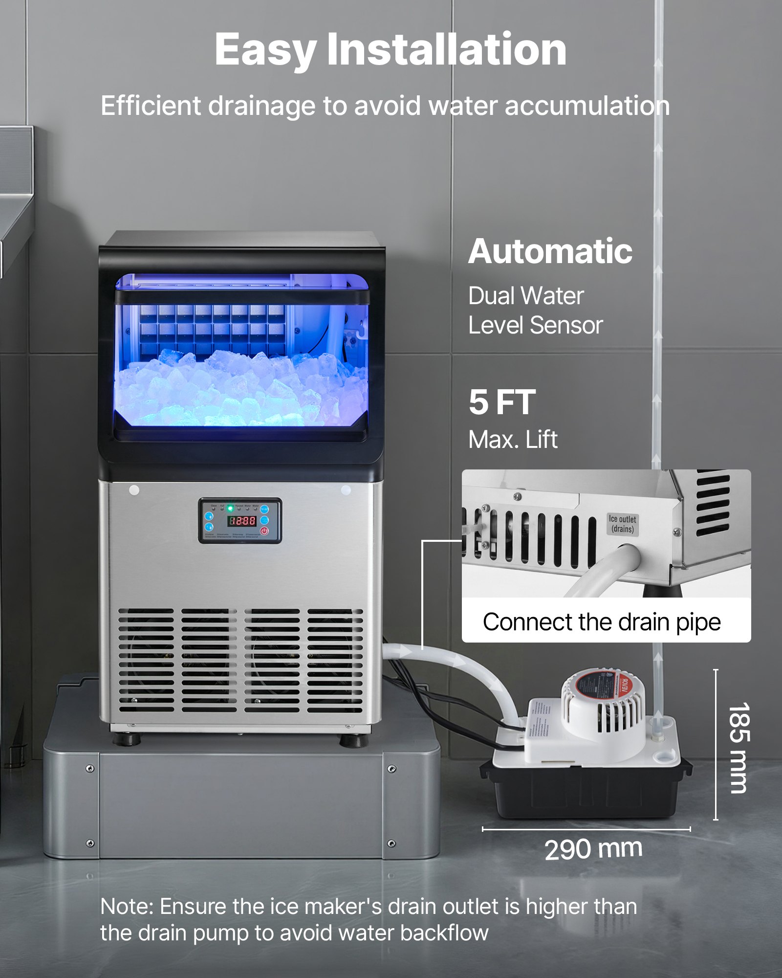 VEVOR Commercial Ice Maker Machine with Pump, 80 lbs/24h with 13 lbs Storage Capacity, Countertop/Freestanding/Under Counter, Stainless Steel Ice Maker with LED Display & Self-Cleaning, for Home Bar