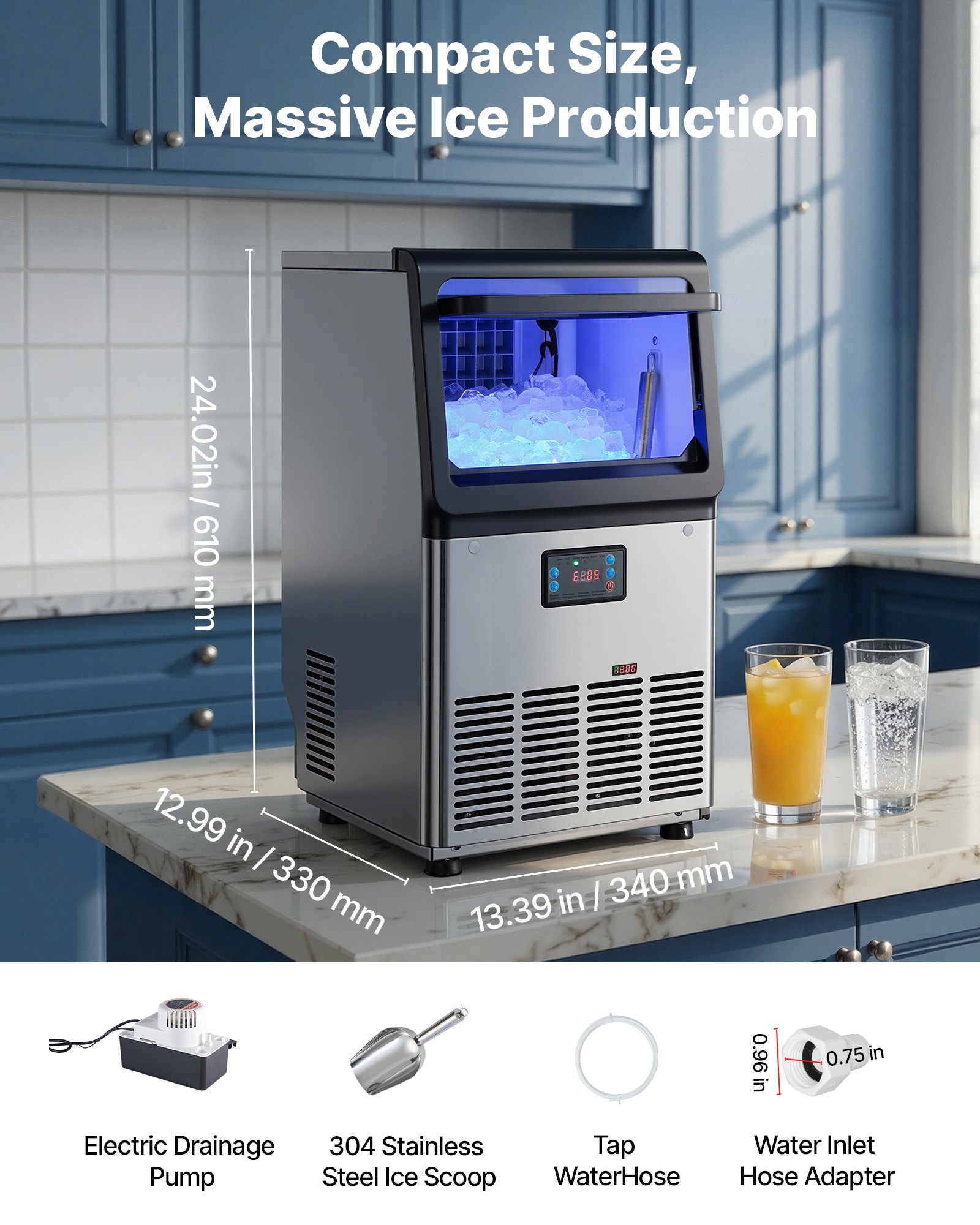 VEVOR Commercial Ice Maker Machine with Pump, 80 lbs/24h with 13 lbs Storage Capacity, Countertop/Freestanding/Under Counter, Stainless Steel Ice Maker with LED Display & Self-Cleaning, for Home Bar