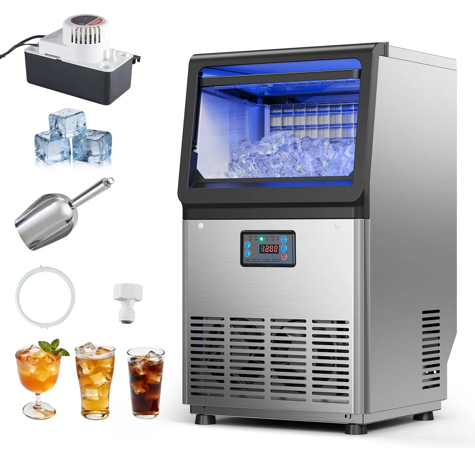VEVOR Commercial Ice Maker Machine with Pump, 80 lbs/24h with 13 lbs Storage Capacity, Countertop/Freestanding/Under Counter, Stainless Steel Ice Maker with LED Display & Self-Cleaning, for Home Bar