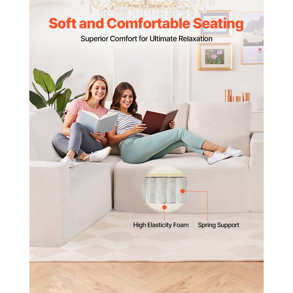 VEVOR Modular Sectional Sofa, L Shaped Modular Sofa Deep Seat, Cloud Sectional Couch with High Rebound Sponge and Density, Upholstered Corduroy Couch with Cushion for Living Room, Bedroom, Beige