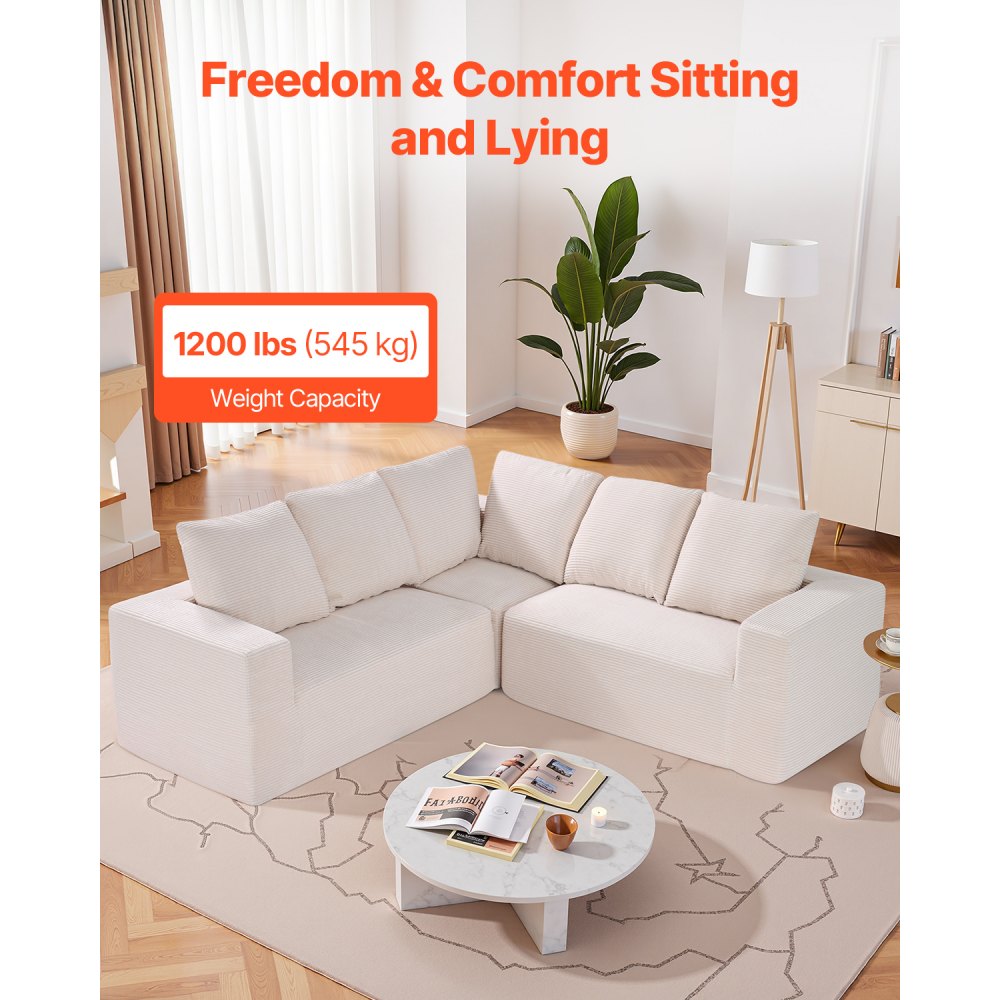 VEVOR Modular Sectional Sofa, L Shaped Modular Sofa Deep Seat, Cloud Sectional Couch with High Rebound Sponge and Density, Upholstered Corduroy Couch with Cushion for Living Room, Bedroom, Beige